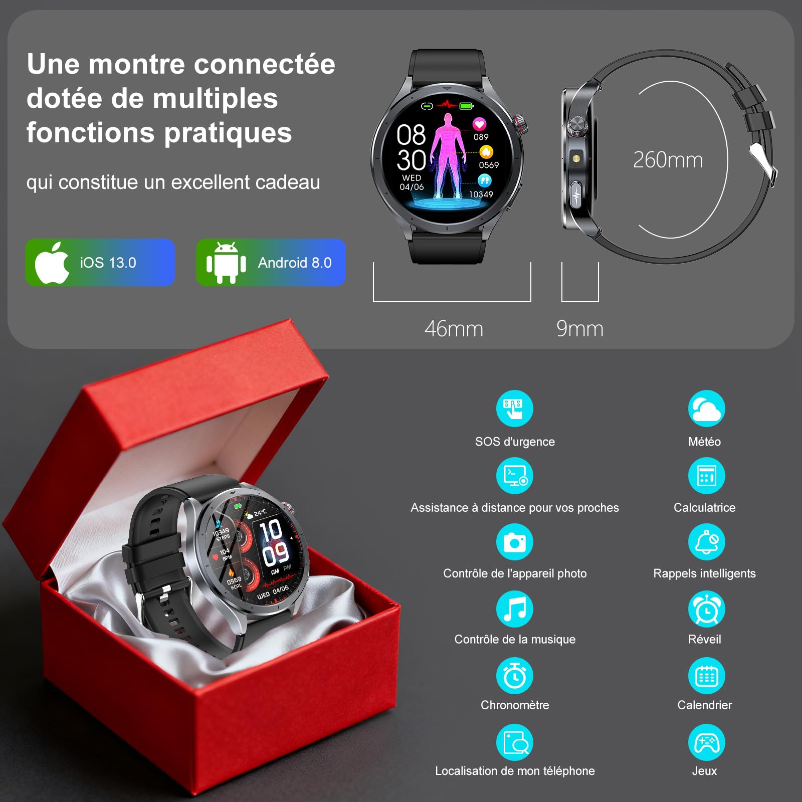 YUPENG 2026 IA Montre Connectée Homme avec ChatGPT/ECG+HRV/IMC, 1.53" Smartwatch avec 5.4BLE Appel Bluetooth/LED Lampe, 24H Τе𝐧ѕіо𝐧 Αrтérіеllе/Sommeil Monitor/Fréquence Cardiaque, Android iOS