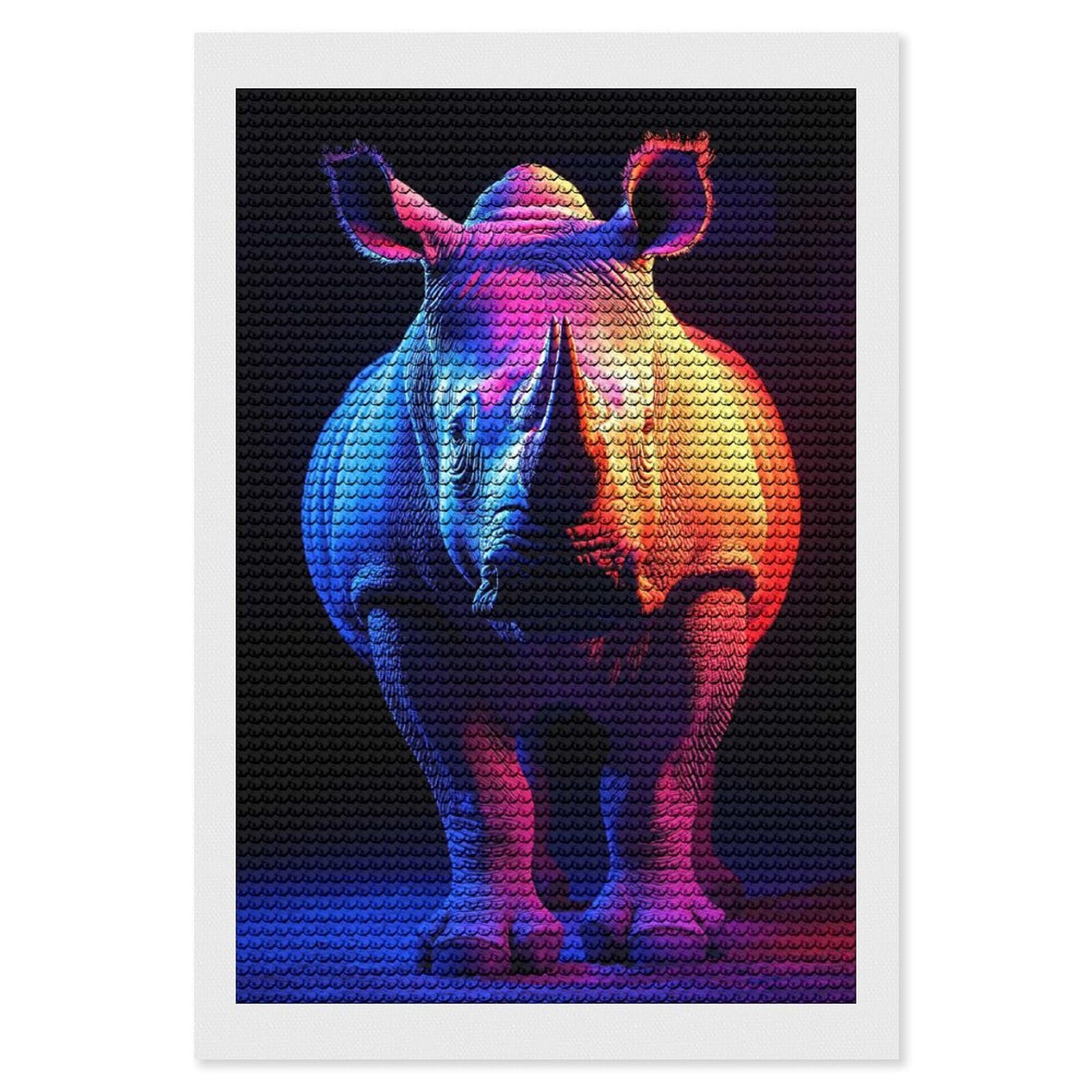 Junmoney Neon Rhino Portrait Diamond Painting Canvas Set 8"x12", for Beginners, Complete Accessories, Christmas Gift, Modern Decor