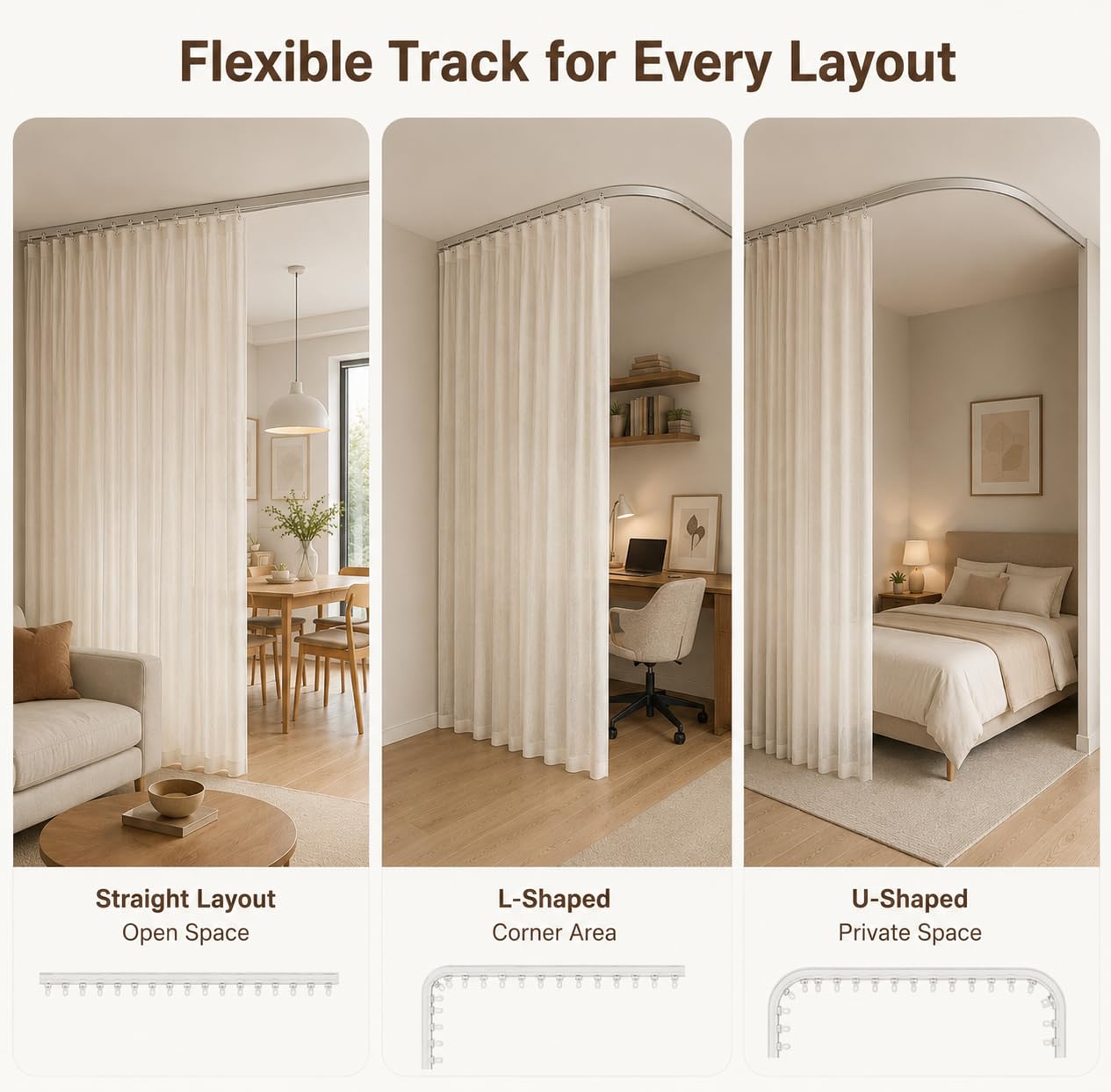 Rideau Séparation Pièce avec Rail Flexible 270cm, Séparateur de Pièce Beige | Séparez Facilement Votre Espace avec Rail Plafond Flexible, Rideau 254x213cm, pour Chambre, Salon, Bureau et Dressing