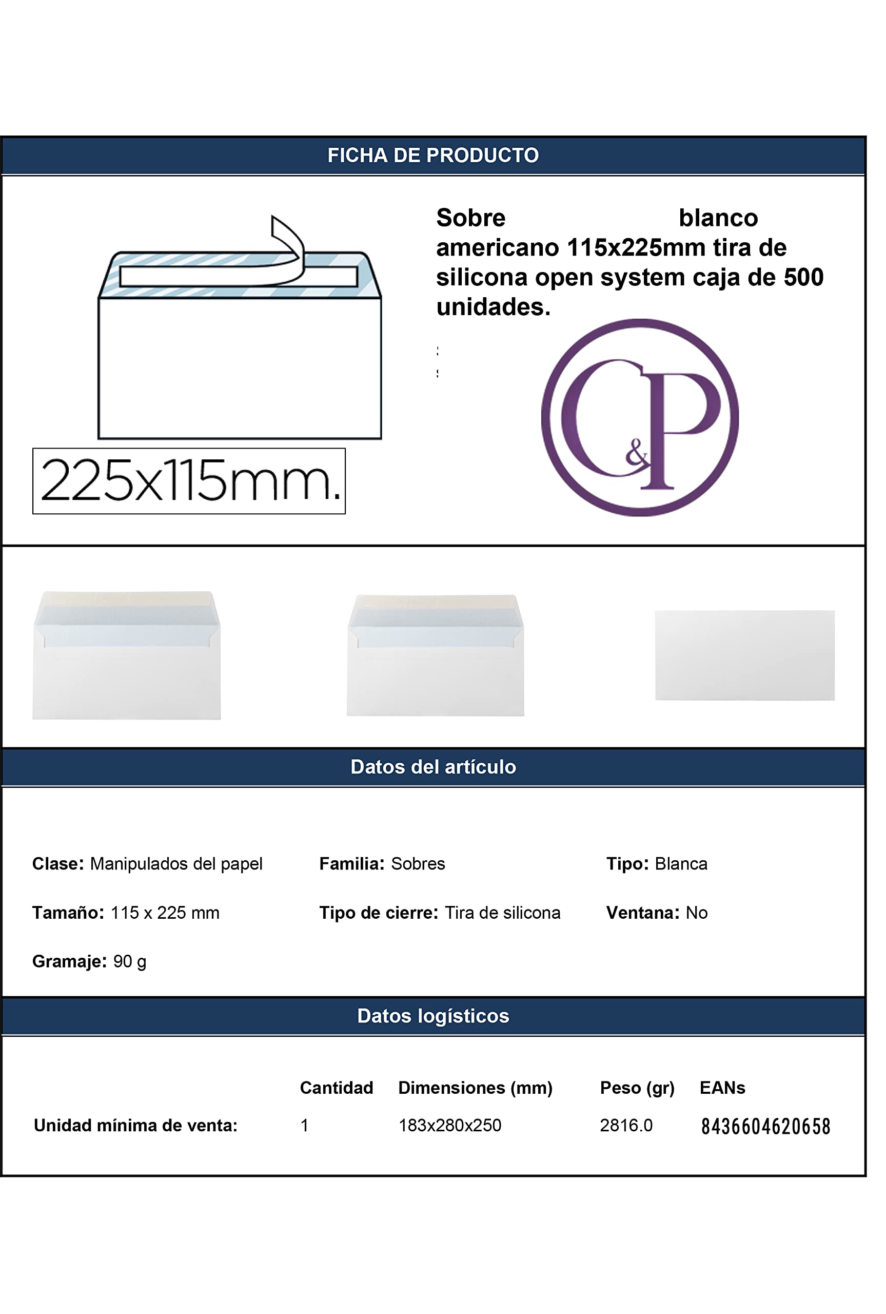 C&P Sobre Americano, 115 x 225 mm. 90 GR Blanco, Caja x500