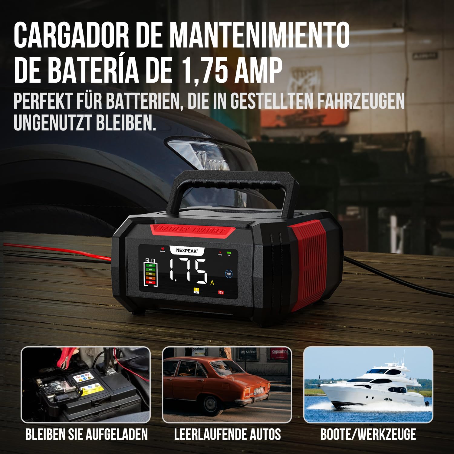 15A Cargador de Batería de Coche, NEXPEAK NC315 12V 24V LiFePO4 Cargador de Batería de Coche Portátil 9-Etapas Batería Inteligente para Coche, Camión, Moto, Cortacésped, Barco, Marina