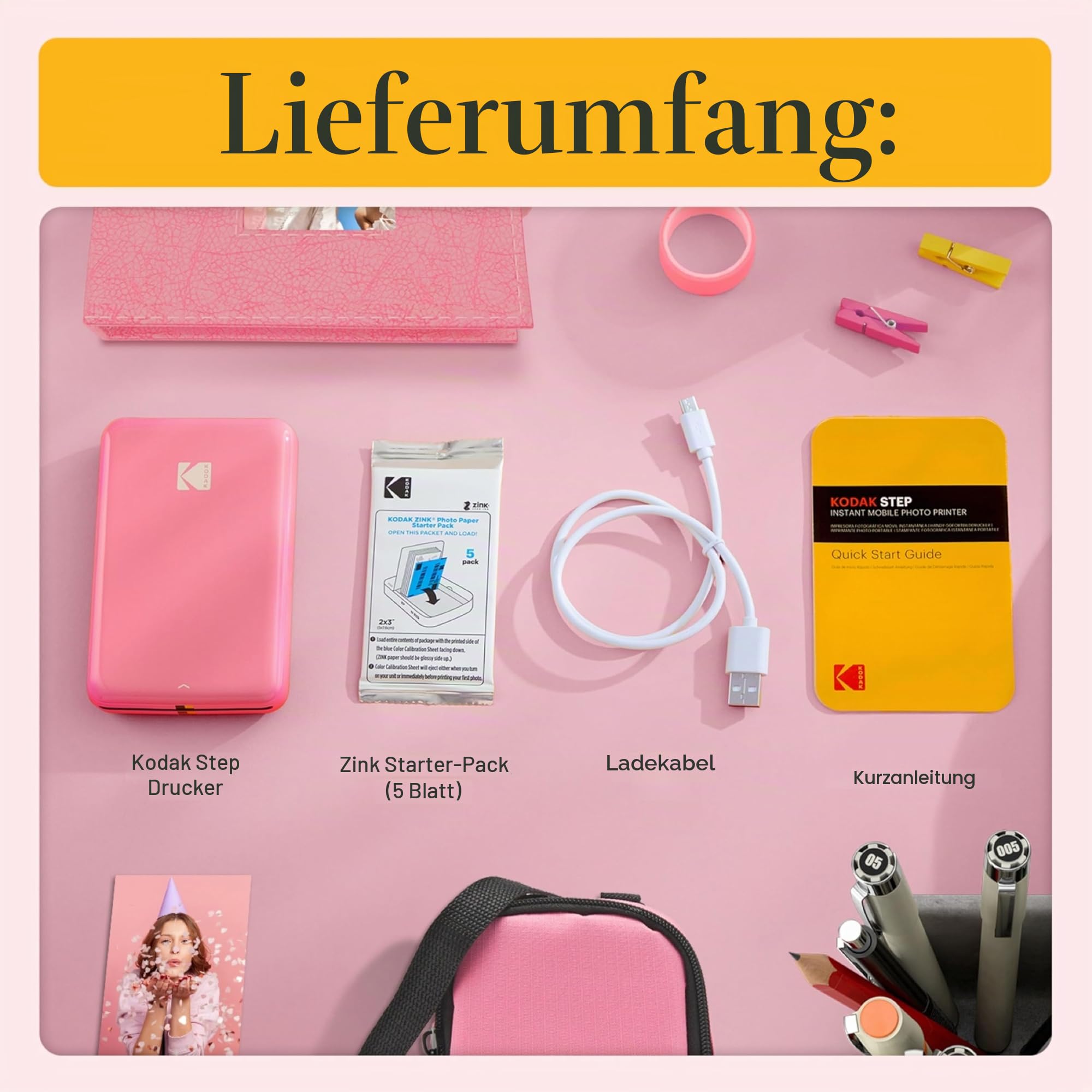 KODAK Step Drahtloser mobiler Fotodrucker Zink-Technologie Rosa Reiseset
