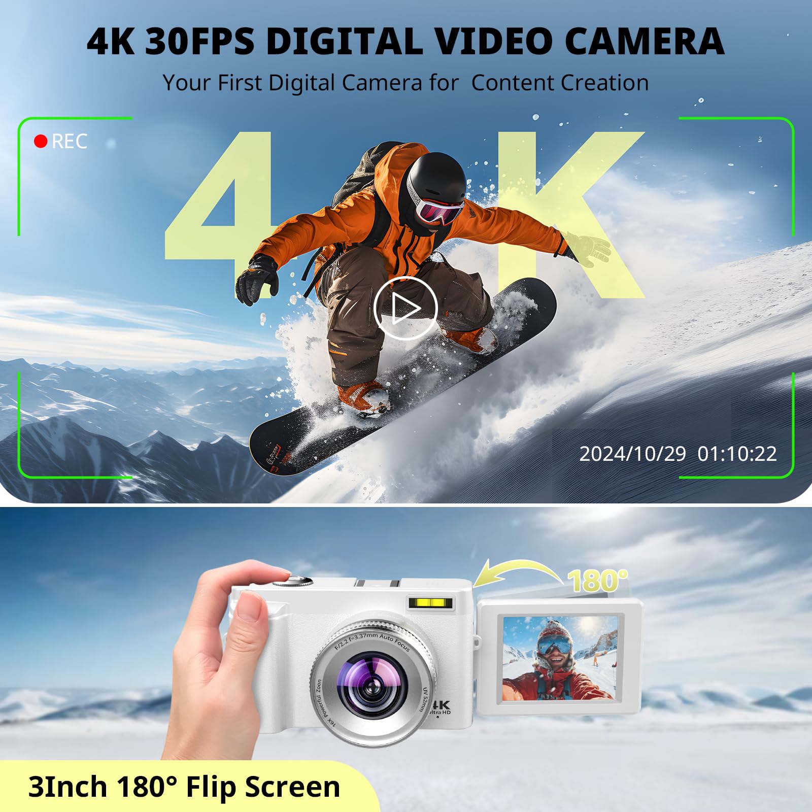 4K Digital Camera for Photography Autofocus, 2024 Latest 48MP Vlogging Camera for YouTube with SD Card, 2 Batteries, 3" 180°Flip Screen Compact Travel Camera for Teens with 16X Zoom, Anti-Shake,: Off White