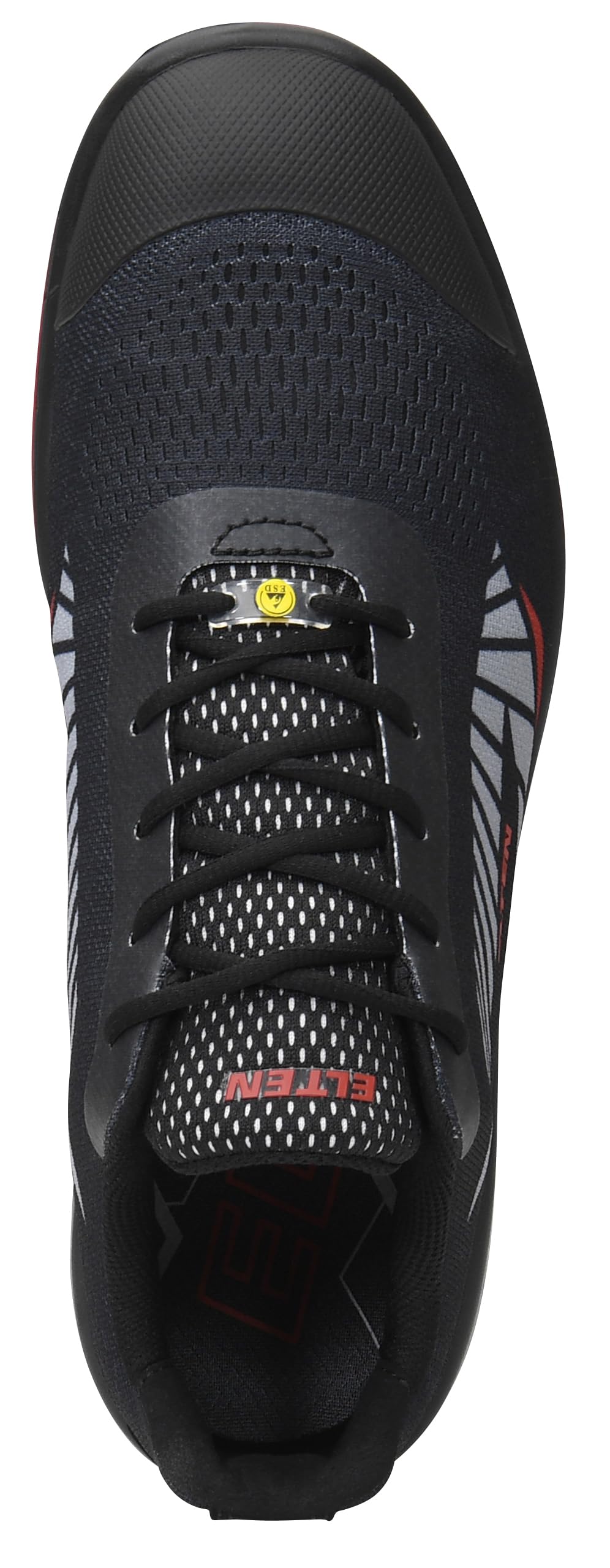 ELTEN Obuwie ochronne Larkin XXSports Black-Grey Low ESD S1P, dla kobiet i mężczyzn, tekstylne, stalowe noski, lekkie, sportowe, czarne/czerwone