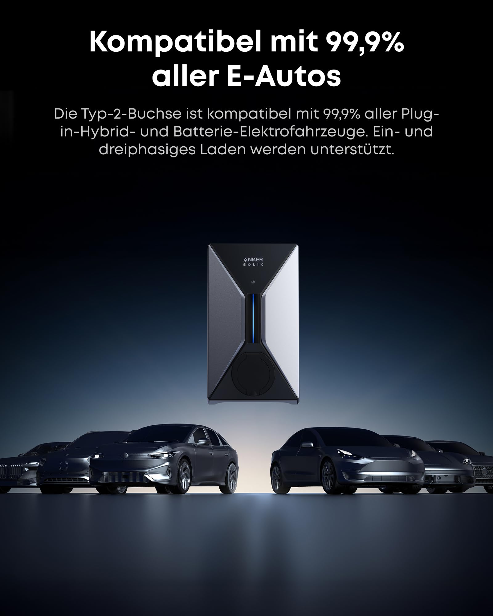 Anker SOLIX V1 Smartes Ladegerät für E-Autos, 11kW Wallbox mit App, WLAN & Bluetooth, dreiphasig, CEE 16A, 400V, mit Halterung, kompatibel mit Allen Elektro- und Hybridautos mit Typ-2 Anschluss
