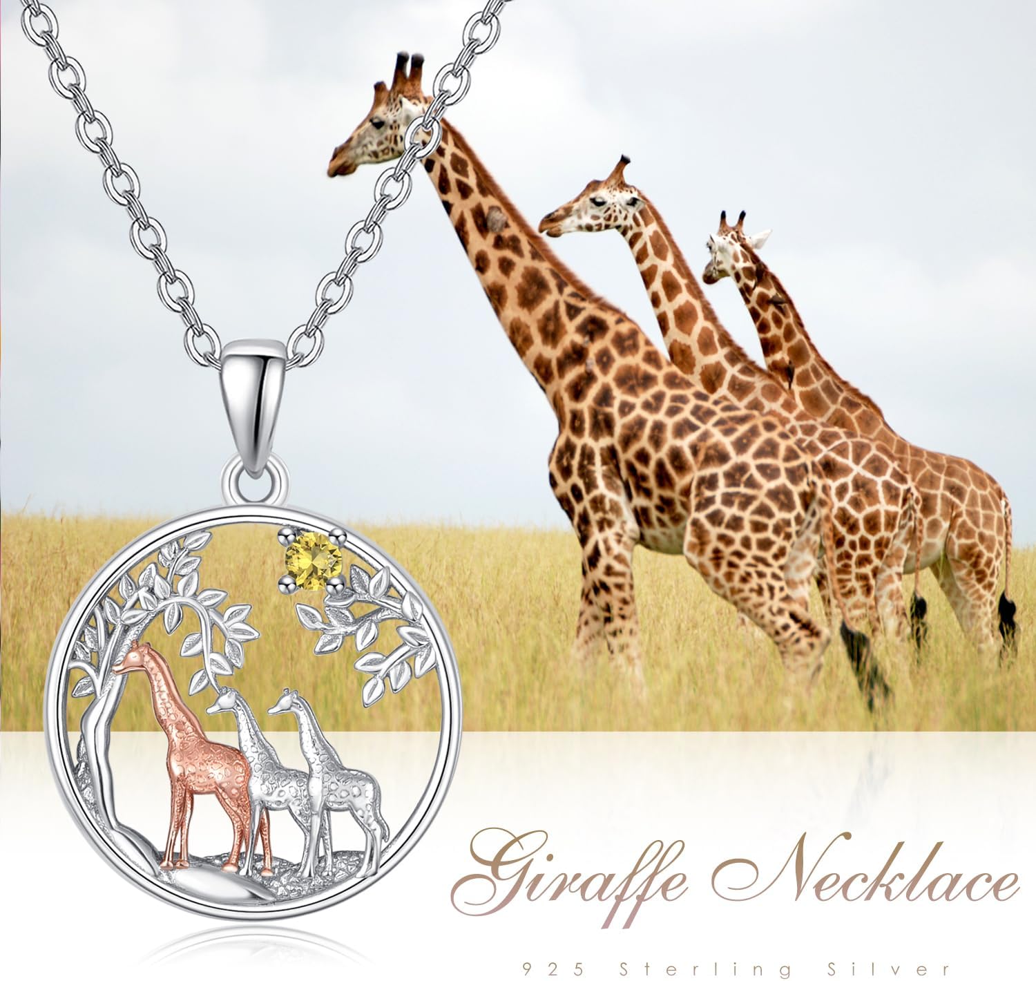 KINGWHYTE Giraffe Necklace Gifts for Women 925 Sterling Silver Three Giraffe Family Tree Pendant Birthstone Jewelry Birthday Gift for Her - Image 2