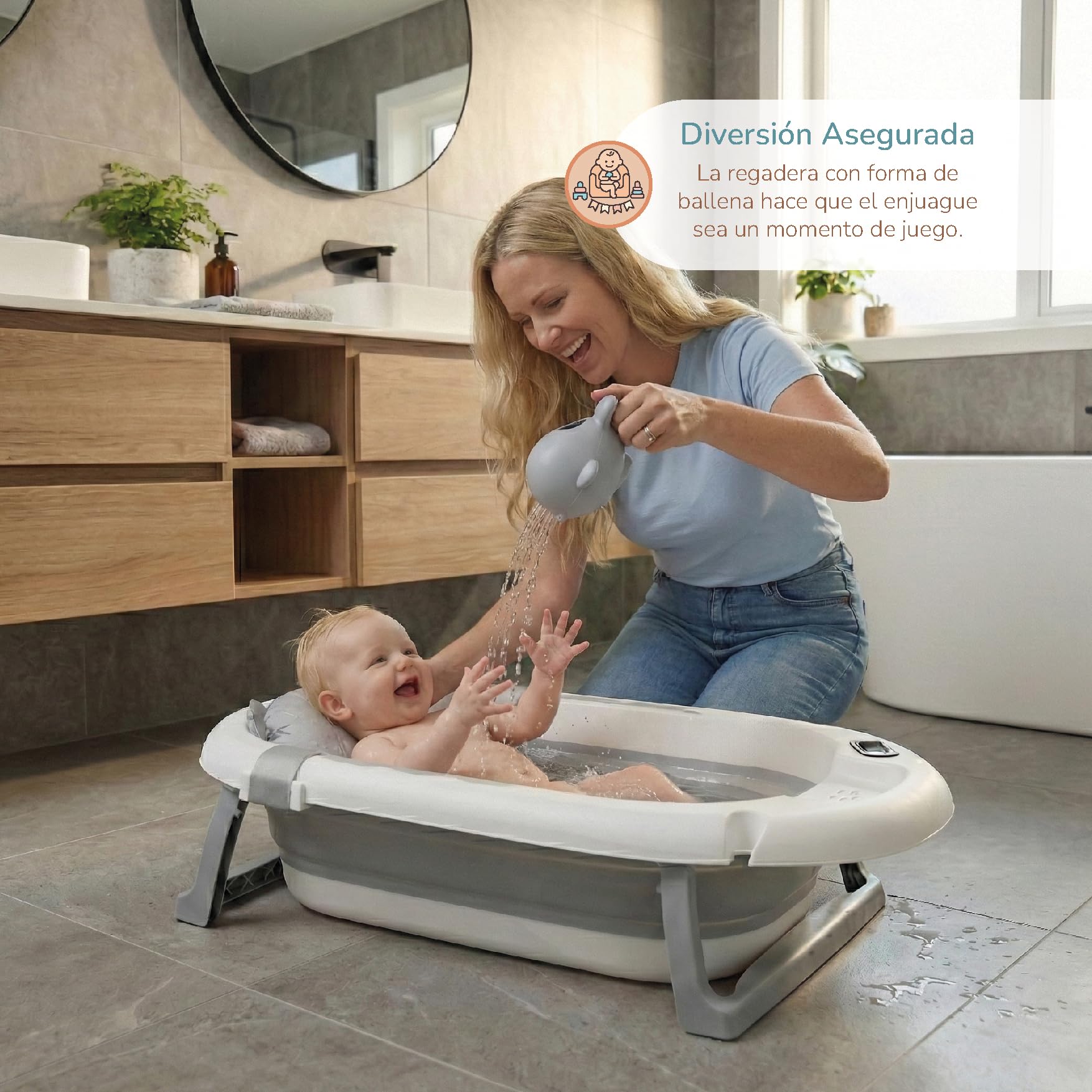 Buddy Baby - Vasca pieghevole BebéSplash con temperatura - Da 0 mesi - Cuscino riduttore rimovibile - Base antiscivolo - Tappo di scarico - Design compatto e portatile - Annaffiatoio balena