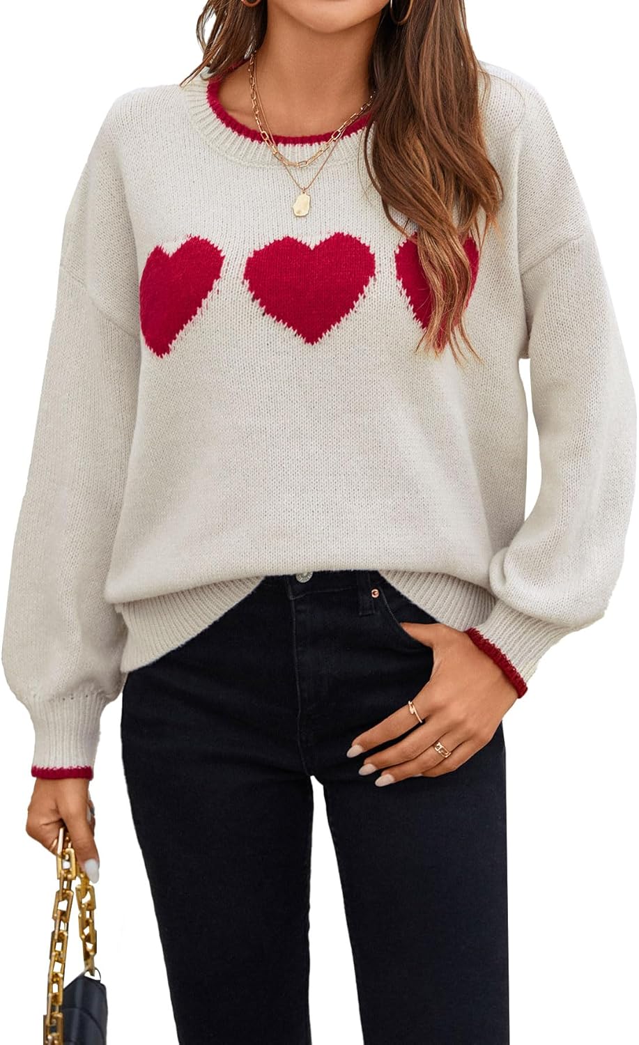 Womens Valentine Cute Heart Oversized Crew Neck Sweater Spring 2026 Dressy Casual Long Sleeve Pullover Sweaters