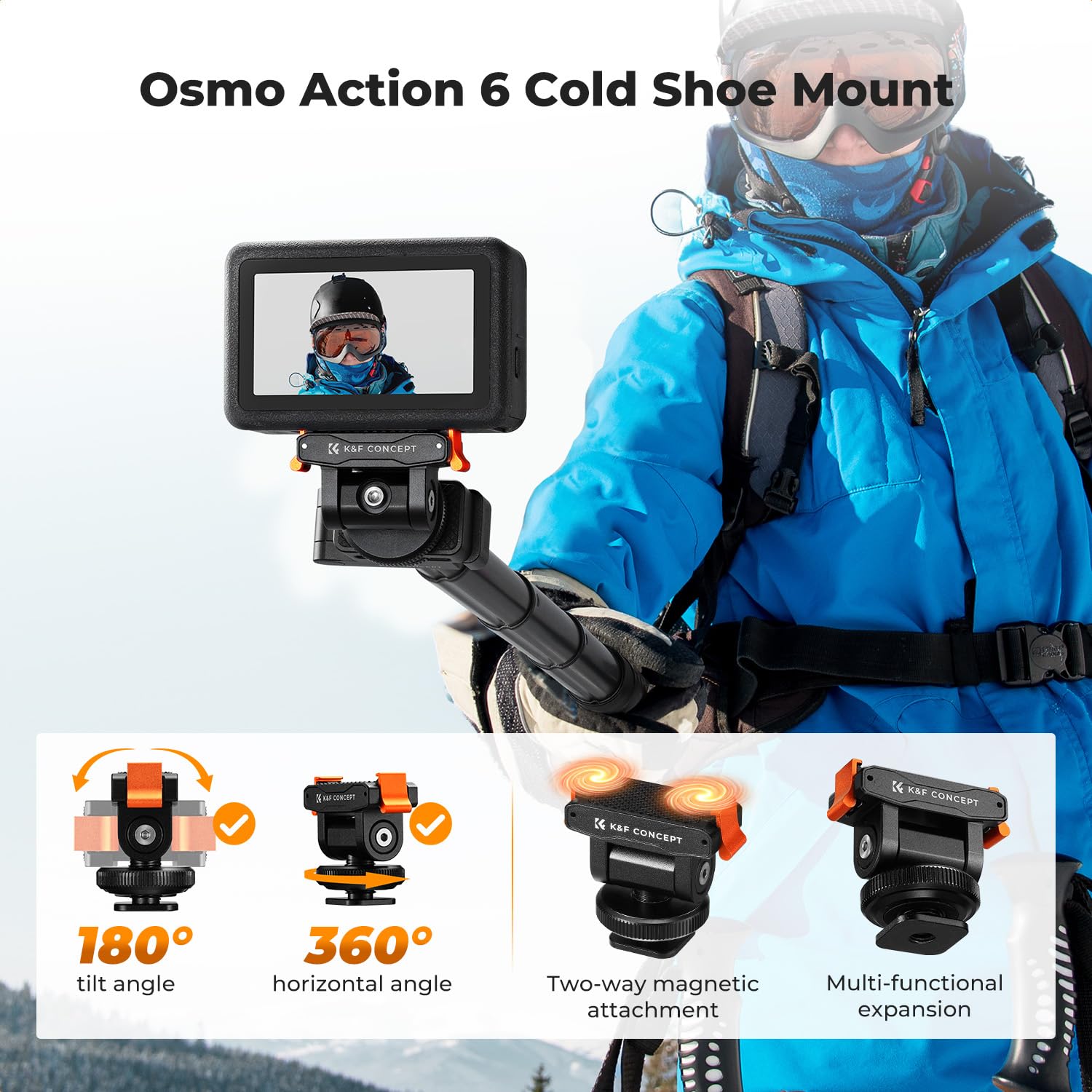 K&F CONCEPT 92.5 cm Action Camera Selfie Stick z klatką Osmo Action 6 i magnetycznym adapterem do szybkiego montażu, składany gwint 1/10.2 cm niewidoczny drążek przedłużający stop