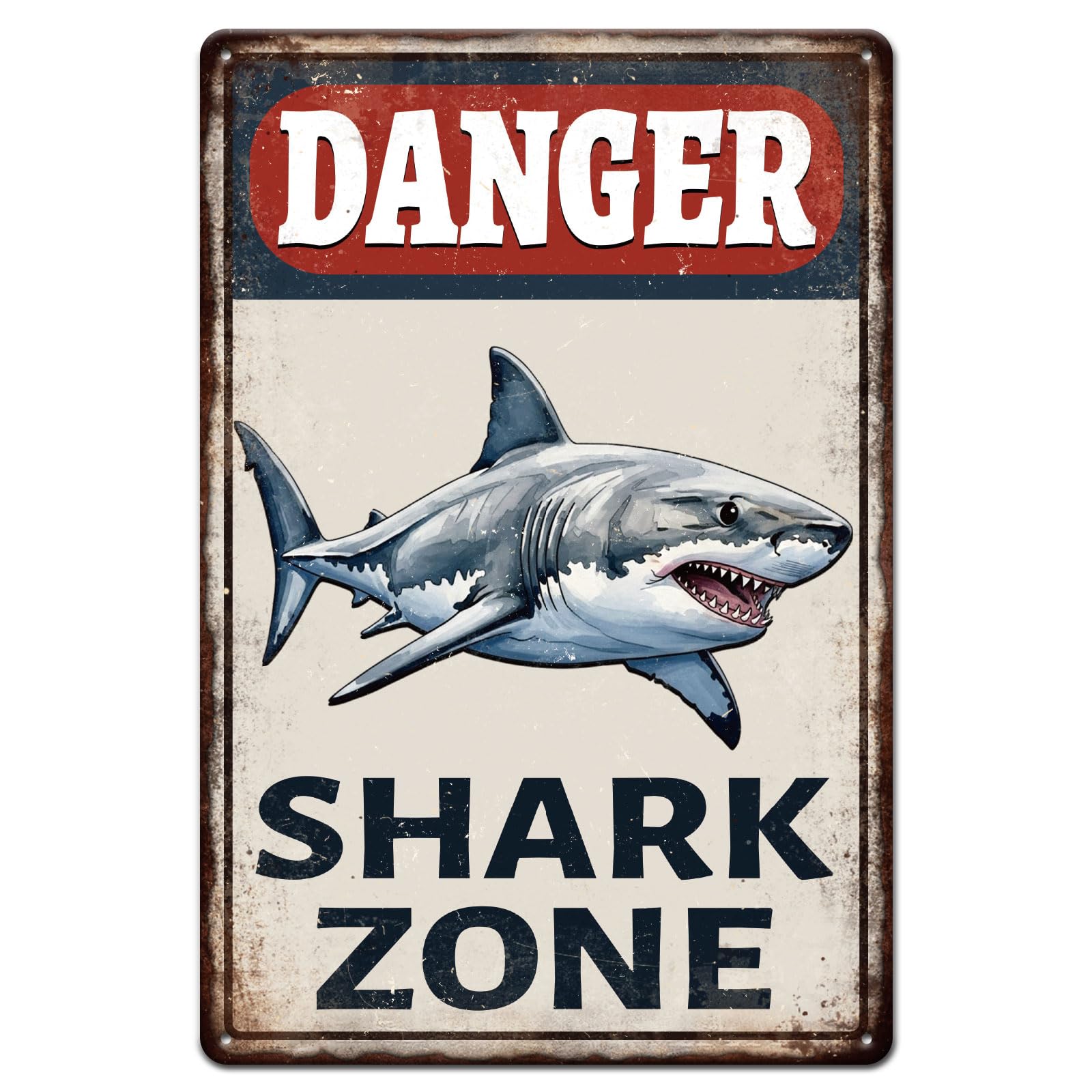 GLOBLELAND Vintage Danger Warning Metal Tin Sign 12x8inch Shark Zone Tin Signage Decor Signs Retro Ocean Shark Wall Metal Plaque for Office Home Garage Room Cafes Bars Fishing Area Decoration