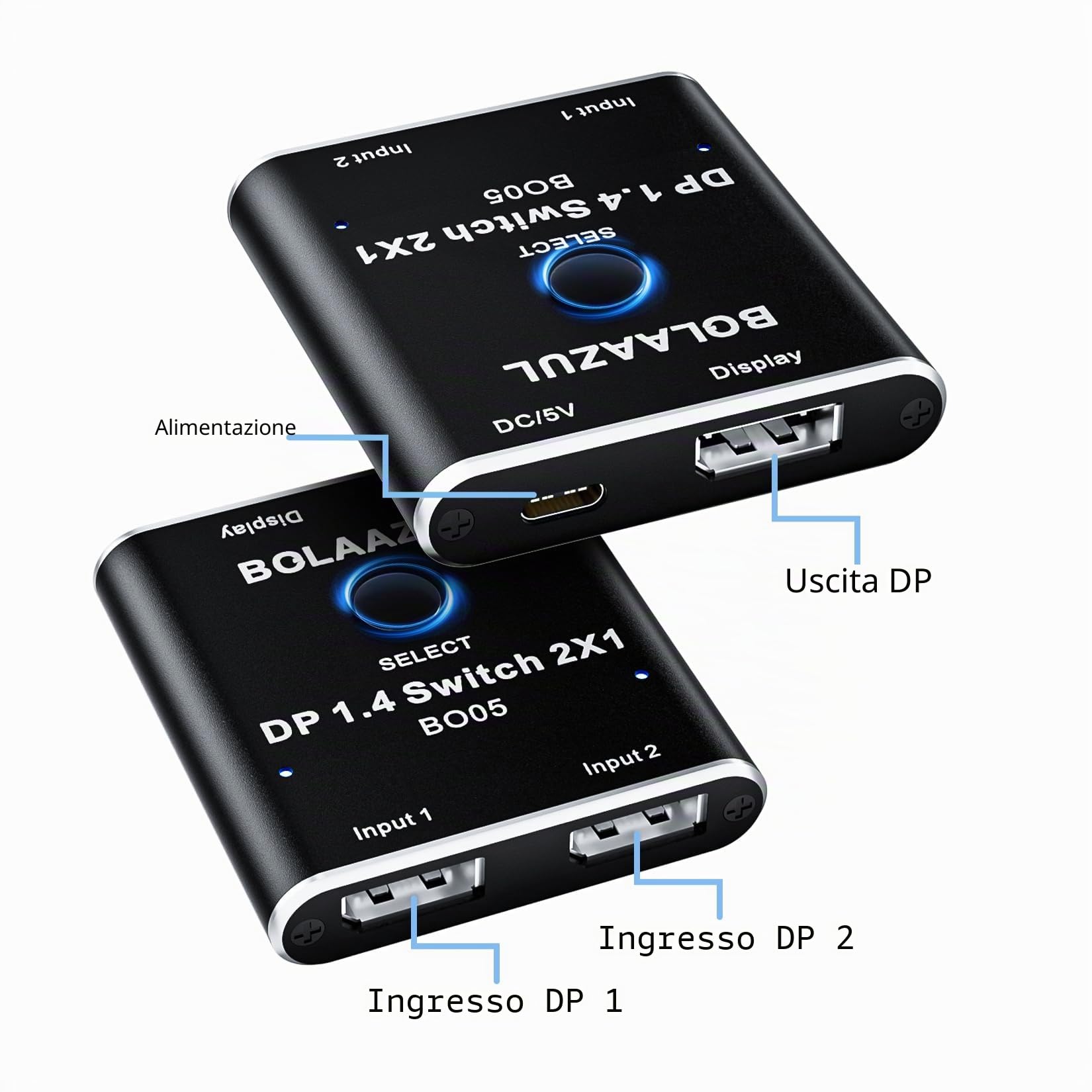 Switch DisplayPort 8K a 2 porte, BolAAzuL DisplayPort 1.4 Switcher 2 in 1 Out, Switch Box DP unidirezionale - Solo 2 ingressi 1 uscita - 8K@60Hz, 4K@120Hz, 2K@144Hz per Monitor Laptop