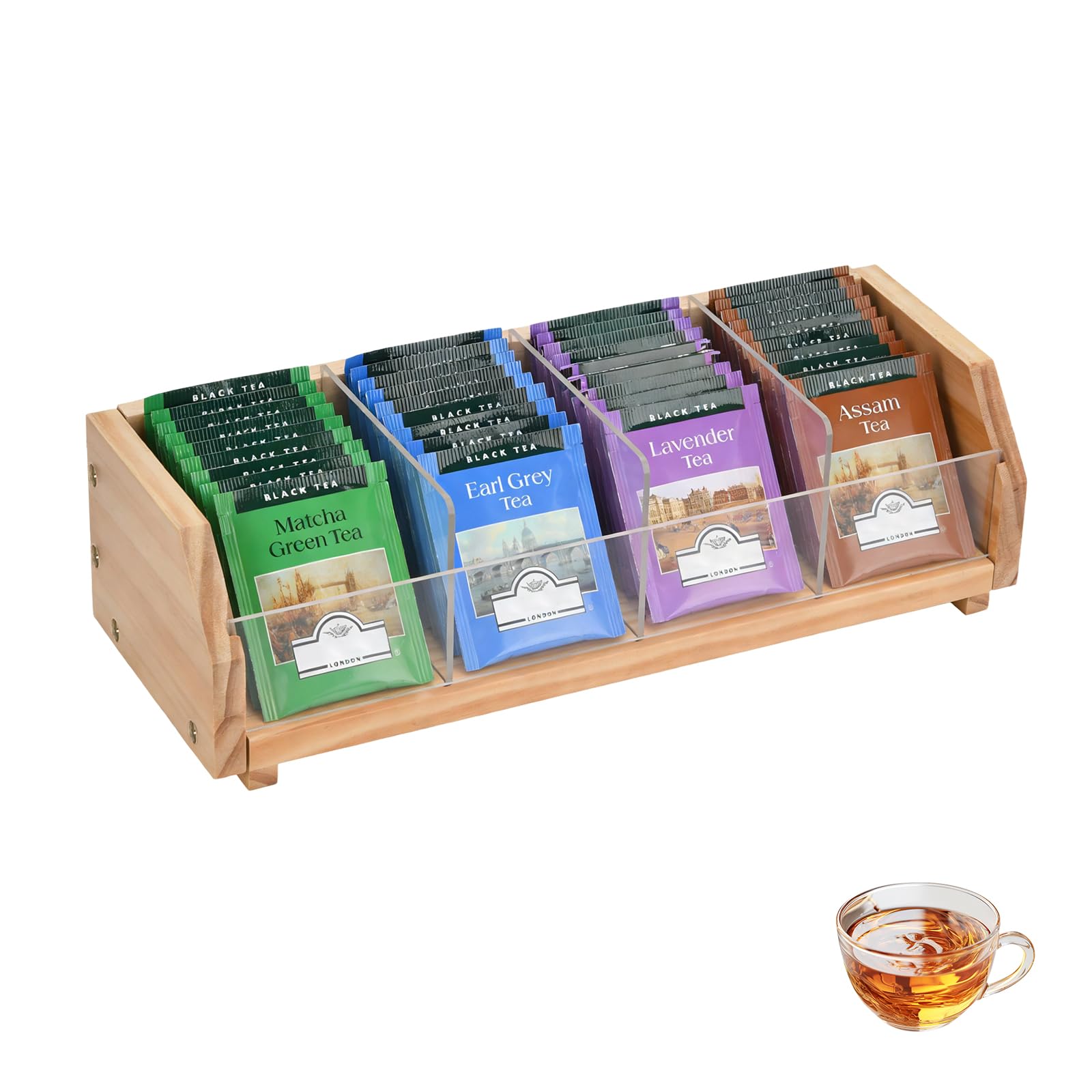 Tea Bag Holder Organizer 4 Compartment Solid Wood Tea Box with Acrylic Dividers to Organize and Store Tea Bag for Countertop, Cabinet, Drawer (Light)