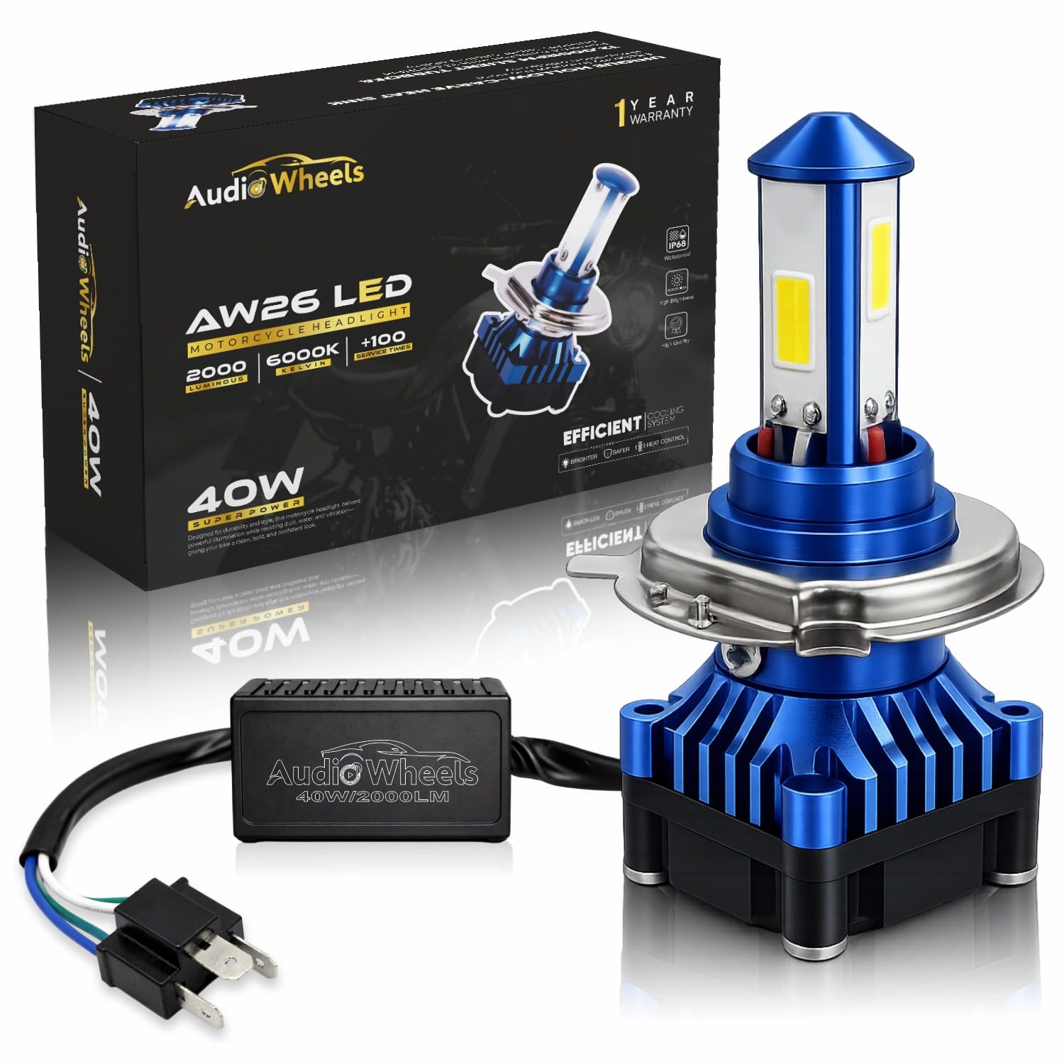 Audio Wheels 40W Motorcycle LED Headlight Bulb H4 H19 – 2000 Lumens 6000K Cool White | IP68 Waterproof | Halogen Replacement | 1-Year Warranty (1 Pack)