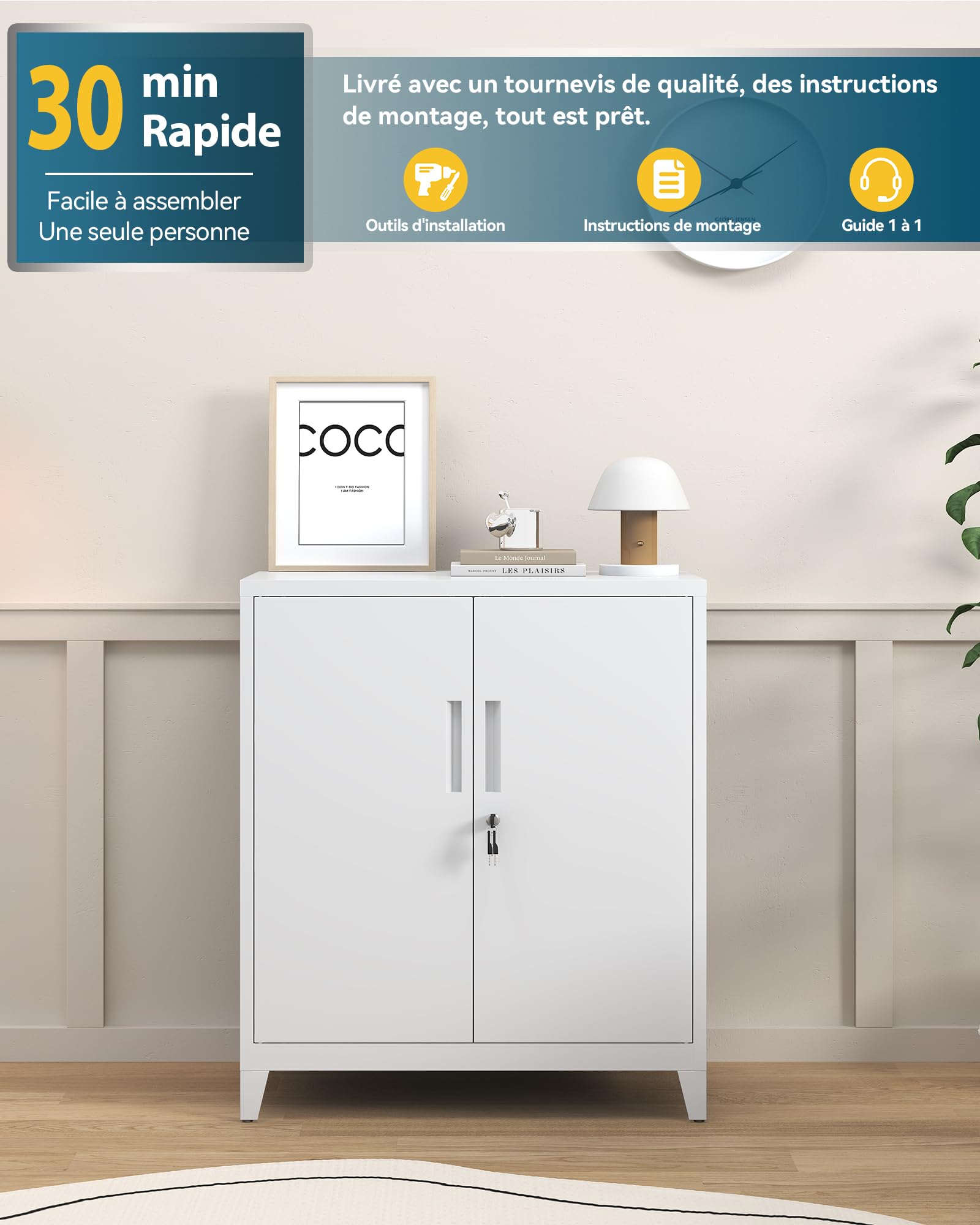 Armoire de Rangement en Métal, Armoire de Garage verrouillable avec 2 Étagères, de Bureau avec étagères Réglables, pour le Bureau, le Garage et la Buanderie, 40 x 80 x 100 cm, Blanc