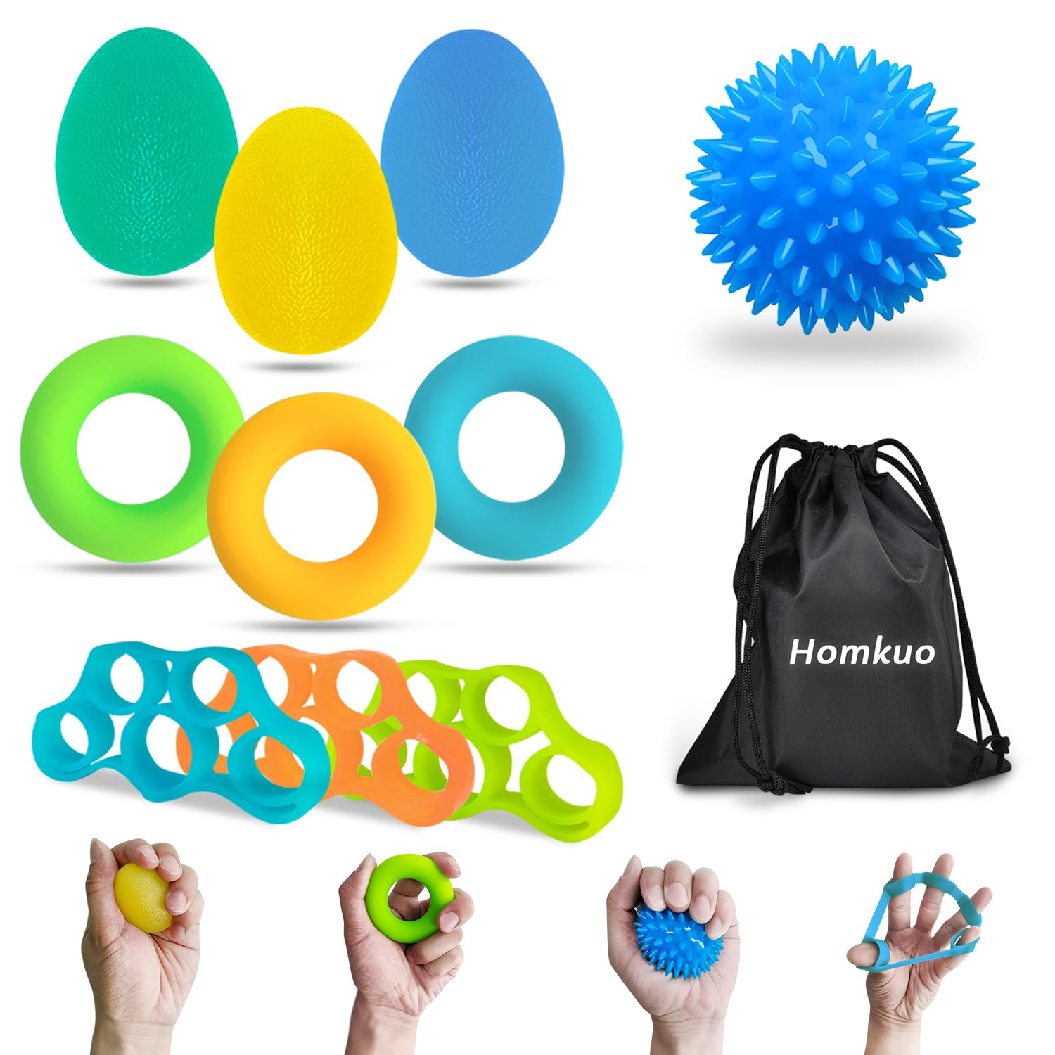 Homkuo Finger Strengthener Hand Exerciser, 10 Pcs Hand Therapy Squeezer Ball, Finger Stretcher Trainer Set for Grip Strength, Muscle Training, Climbing, Hand Arthritis Physiotherapy, Stress Relief