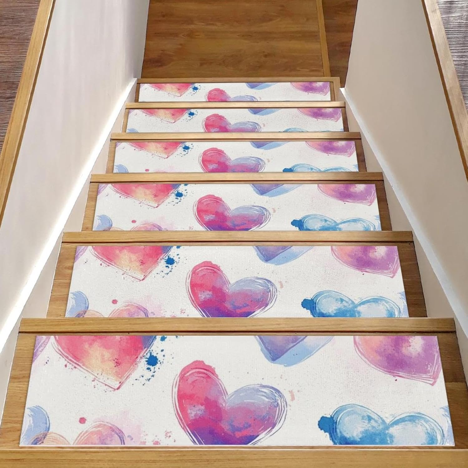 Self Adhesive Residue Free Machine Washable Reusable Stair Treads Non Slip Steps_Watercolor Style Heart Stair Runner Indoor – 15 Pack 30″X8″ Anti Slip Mats