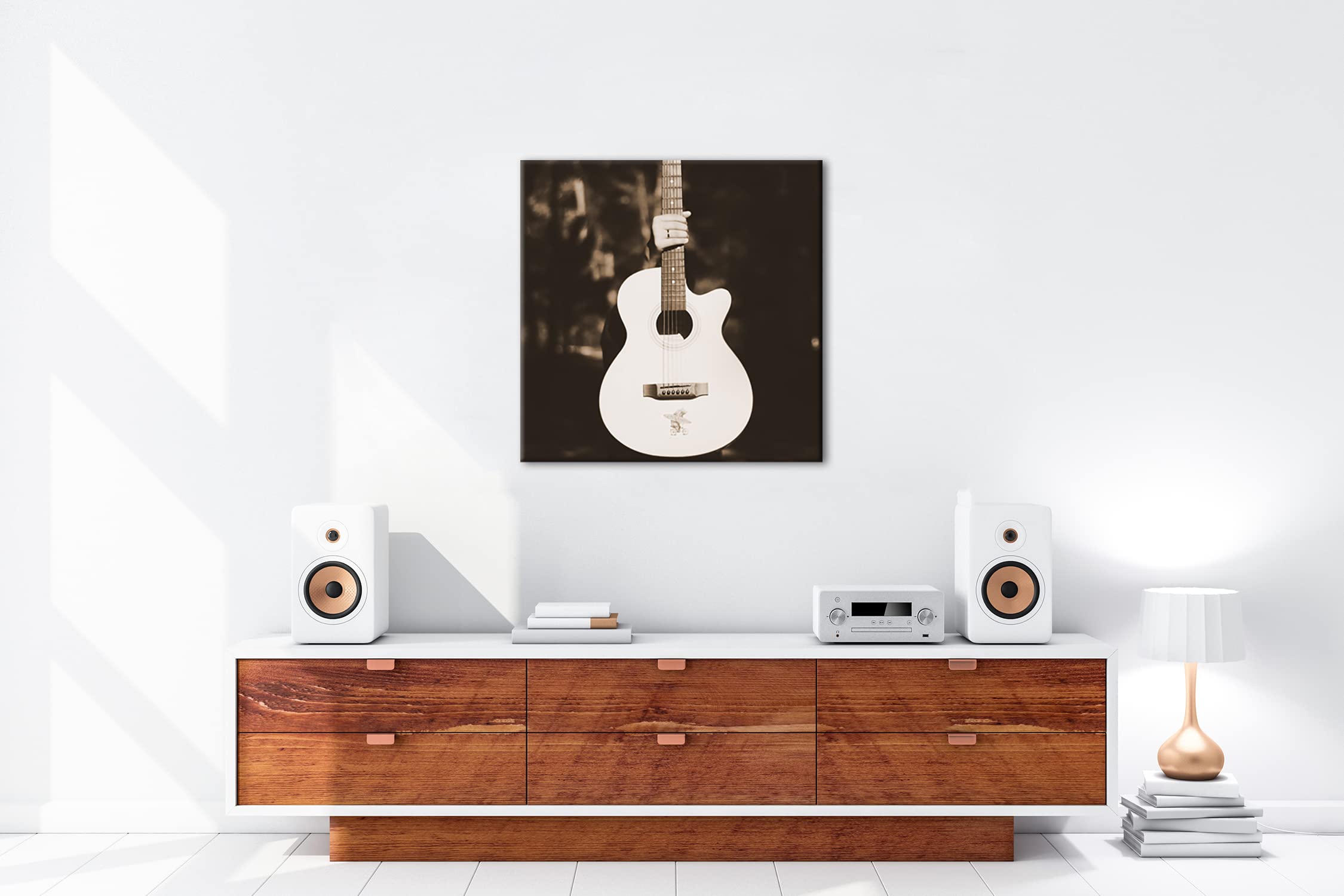 deyoli Chitarra acustica bianca Formato: 70 x 70 cm Effetto: Seppia su tela, motivo già incorniciato su telaio in vero legno, stampa digitale di alta qualità con cornice