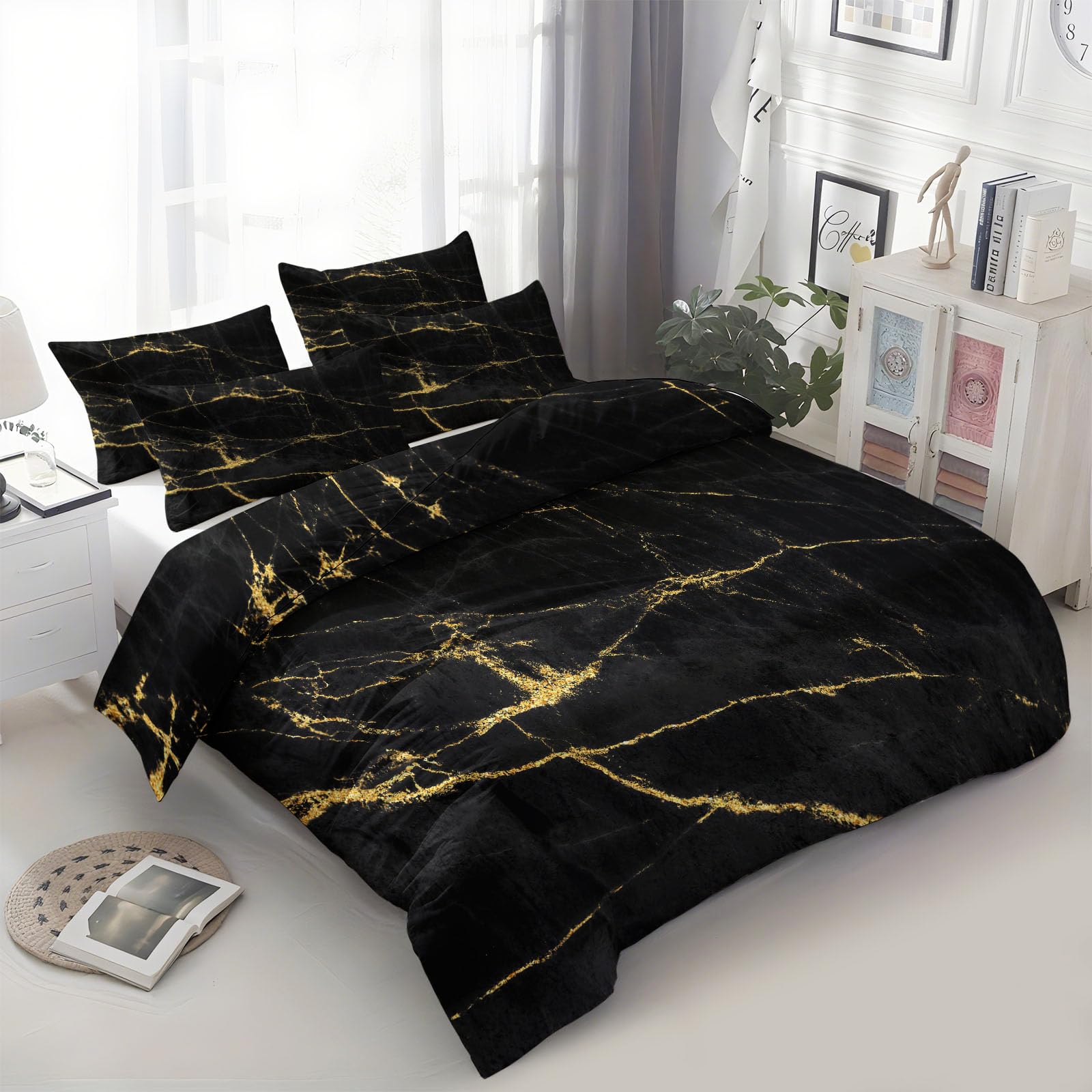 Bettwäsche 180x200 cm Marmor Schwarz Gold 3 Teilig Bettwäsche Bettbezug Set Mikrofaser Bettbezüge für Erwachsene Kinder, Deckenbezug mit 2 Kissenbezug 80x80 cm