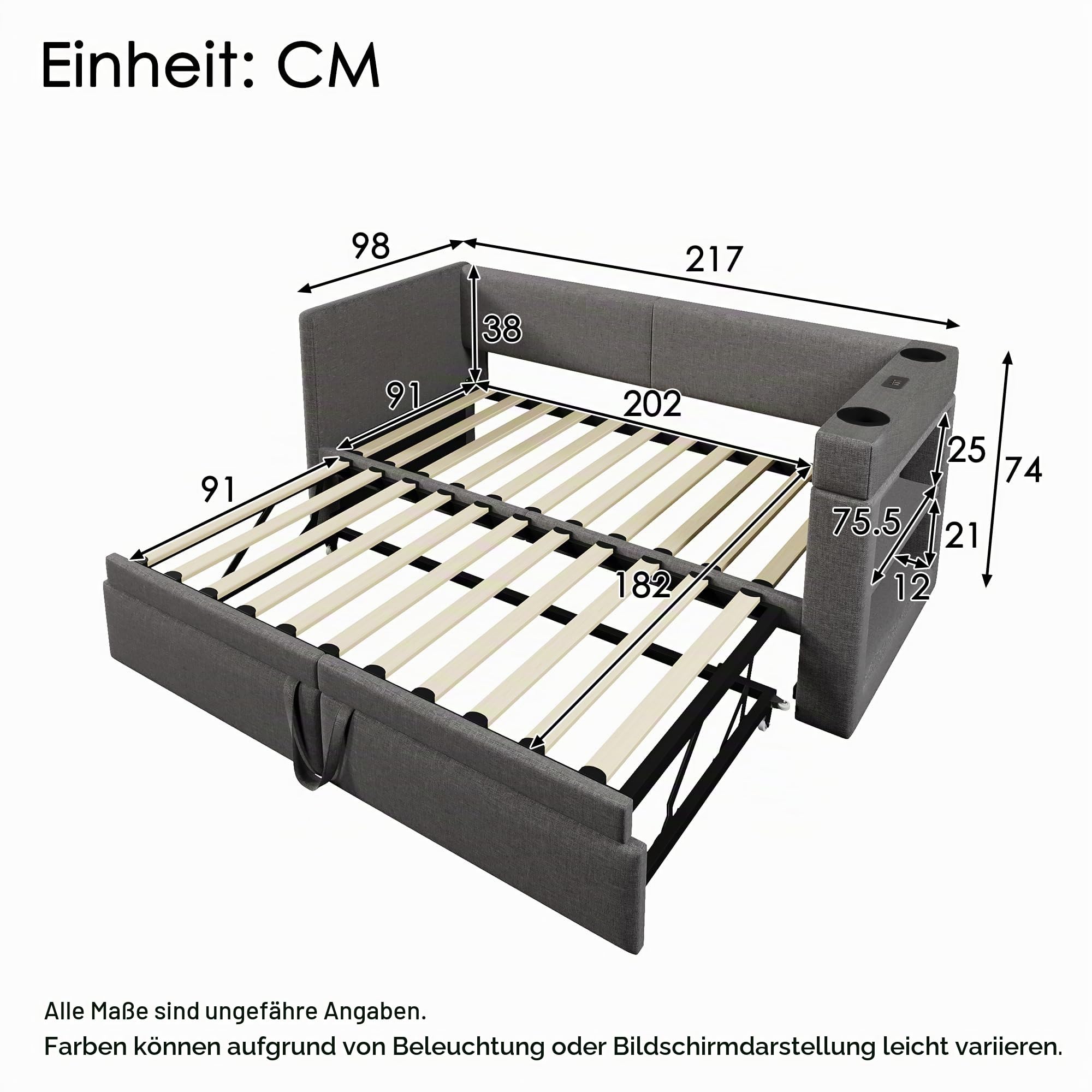Polsterbett Ausziehbares Schlafsofa 90/180 x 200 cm, Einzelbett Daybett mit USB Type-C Ladefunktion, Armlehnen mit Getränkehalter und Regal, Leinen, ohne Matratze, Dunkelgrau