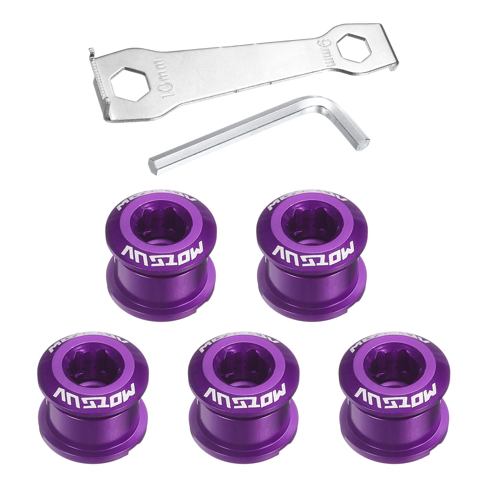 sourcing map 5pcs Single Chain Ring Bolts M8 Aluminum Alloy Bicycle Crankset Nut Chainwheel Screws with Mountain Wrenches for Road Bike Mountain Bike, Purple