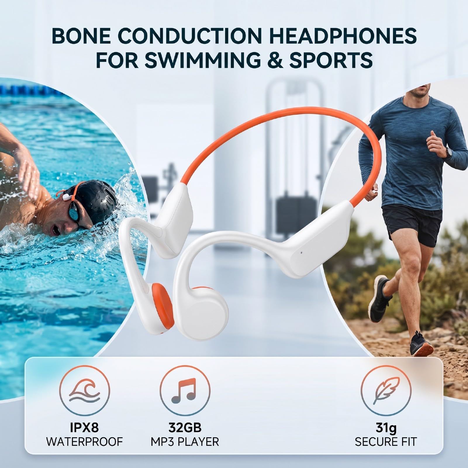 Goshyda Cuffie a Conduzione Ossea, Auricolari Bluetooth Impermeabili IPX8 per il Nuoto, con Lettore MP3 da 32 GB, per Allenamenti Sportivi e di Corsa (Bianco Arancio)