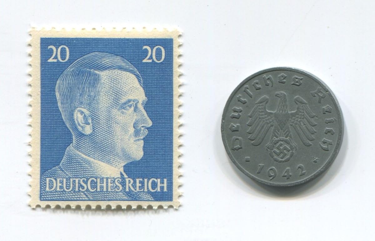 Rara esvástica nazi 1 Reichspfennig moneda alemana Segunda Guerra Mundial con sello de cabeza de Hitler azul MNH
