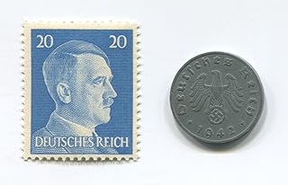 Rara esvástica nazi 1 Reichspfennig moneda alemana Guerra Mundial 2 WW2 con sello de cabeza Blue Hitler MNH