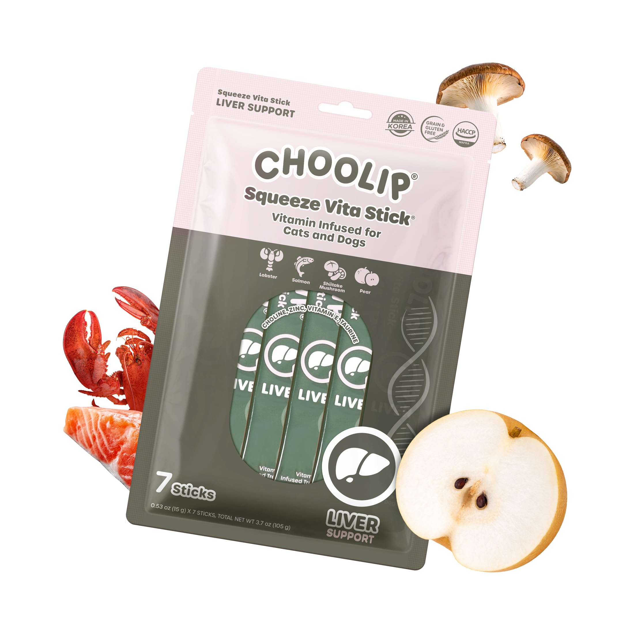 Choolip Squeeze Vita Stick Lickable Cat and Dog Treats, 7-Count Liver Support, Salmon and Lobster with Milk Thistle, CoQ10 and Vitamin E, Vet-Formulated