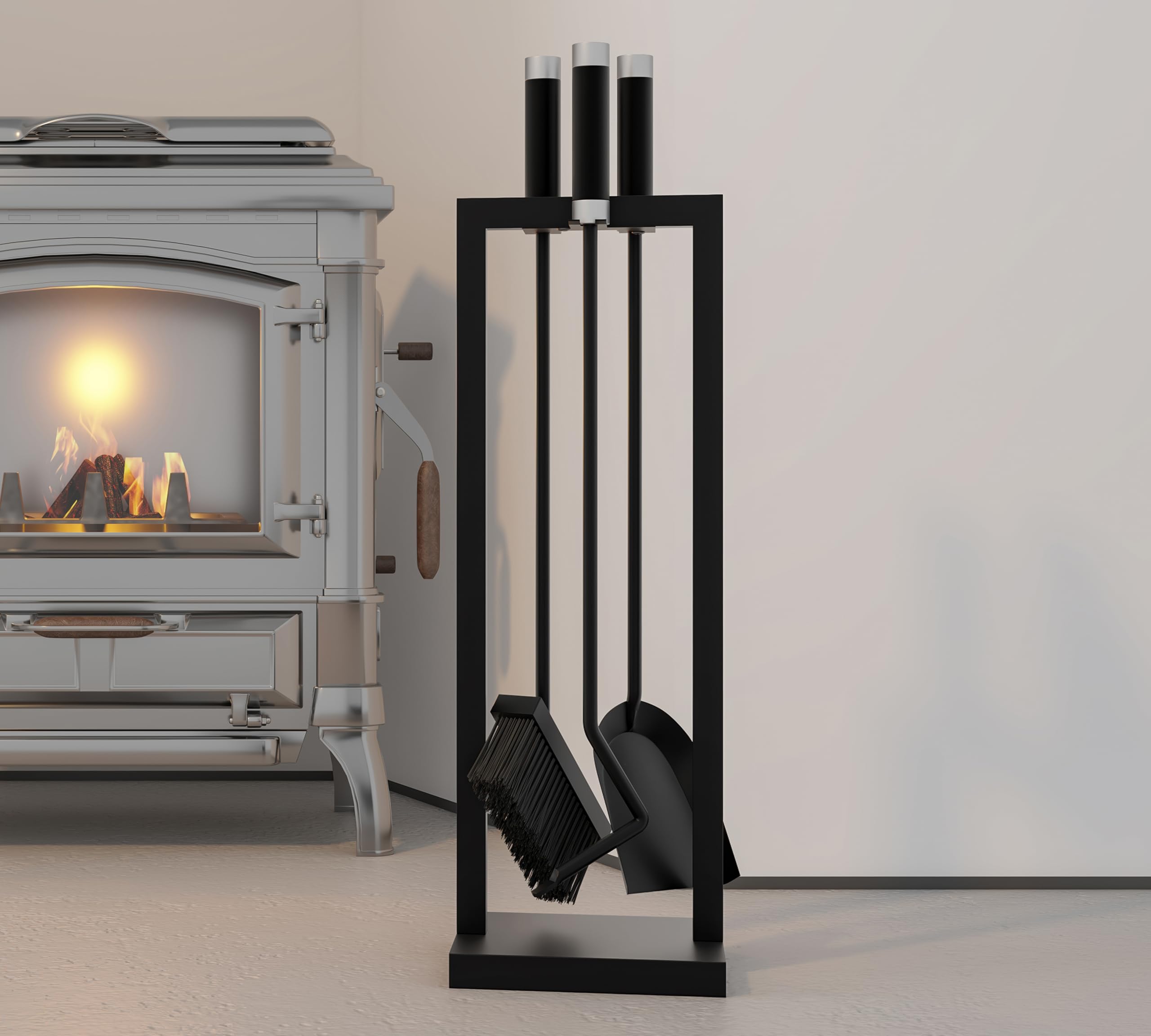 Kingson – Set di accessori per caminetto, 3 pezzi, con supporto – Include pala, spazzola e attizzatoio – Nero con rivestimento in polvere, manici in acciaio e inossidabile – 59,5 cm
