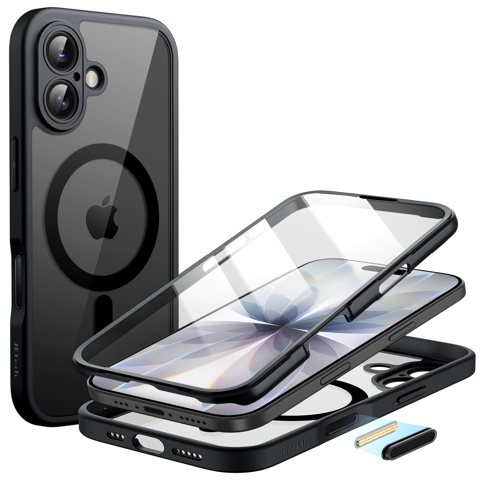 JETech Funda para iPhone 17 6,3 Pulgadas con Protector Pantalla Cristal Vidrio Templado Incorporada y Botón Control Cámara, Compatible con MagSafe, Carcasa 360 Grados (Negro)