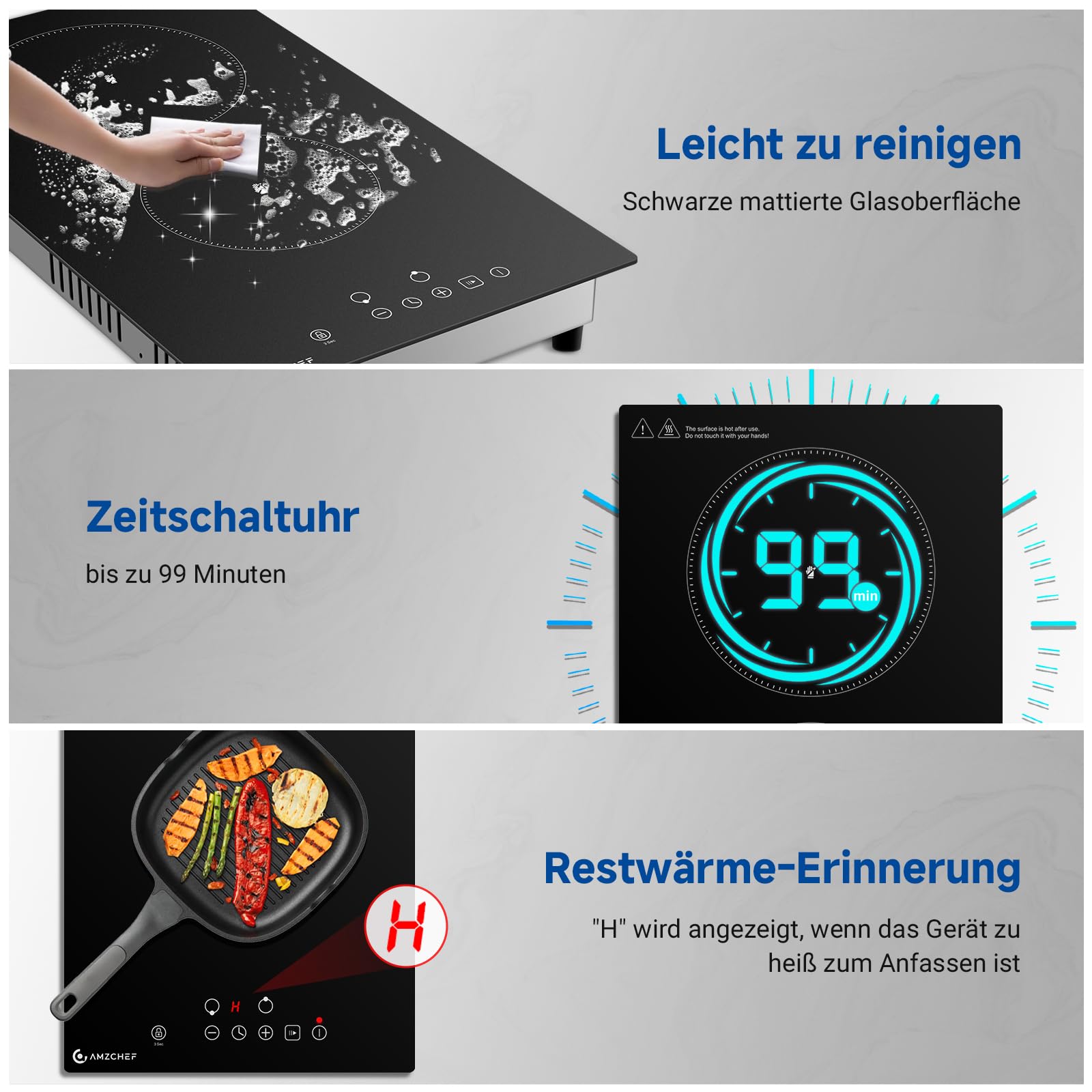 AMZCHEF Glaskeramikkochfeld 2 Platten 3200W 9 Leistungsstufen Touch-Steuerung Freistehend Einbau Design