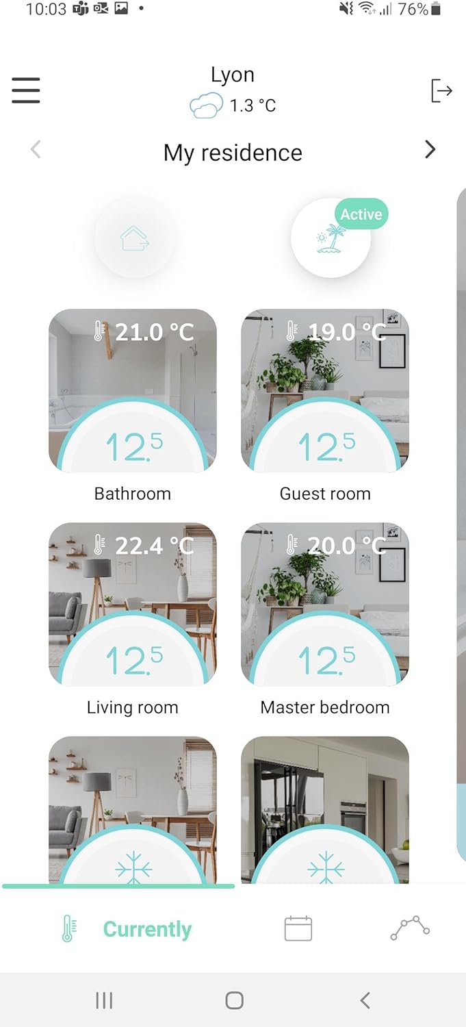 Smartphone screen displaying multi-zone temperature control within the COMAP Smart Home app