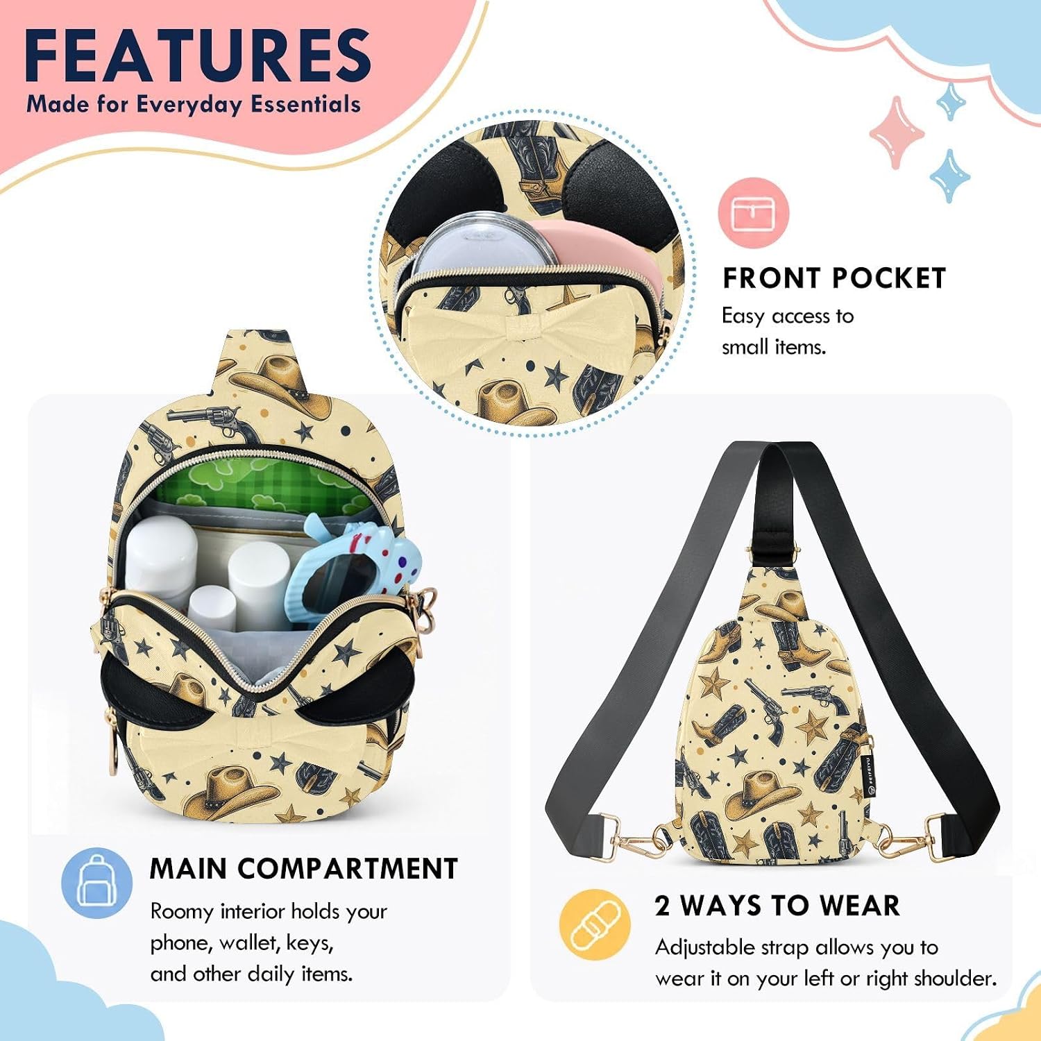 Western Cowboy Kids Crossbody Bags for Girls, 7.5x5.7x3.1 In | Crossbody Fanny Pack, Toddler Purse, Cute Sling Belt Bag with Ears, 2L Small Shoulder Chest Bag for Travel