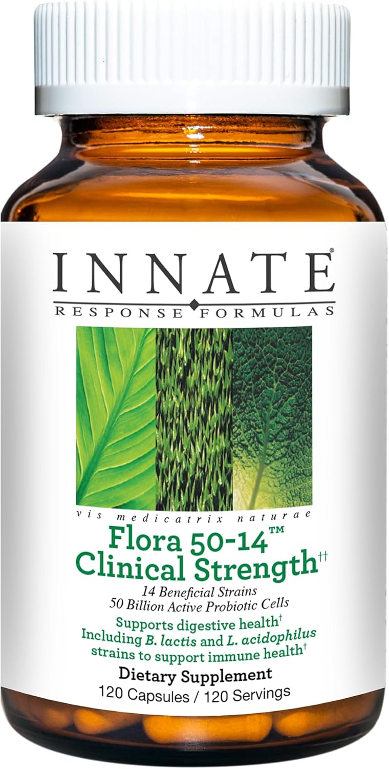 Innate Response Formulas Flora 50-14 Clinical Strength – Probiotic Supplement with 50 Billion CFU – 14 Probiotic Strains – Vegan and Non-GMO – Made Without 9 Food Allergens – 120 Capsules