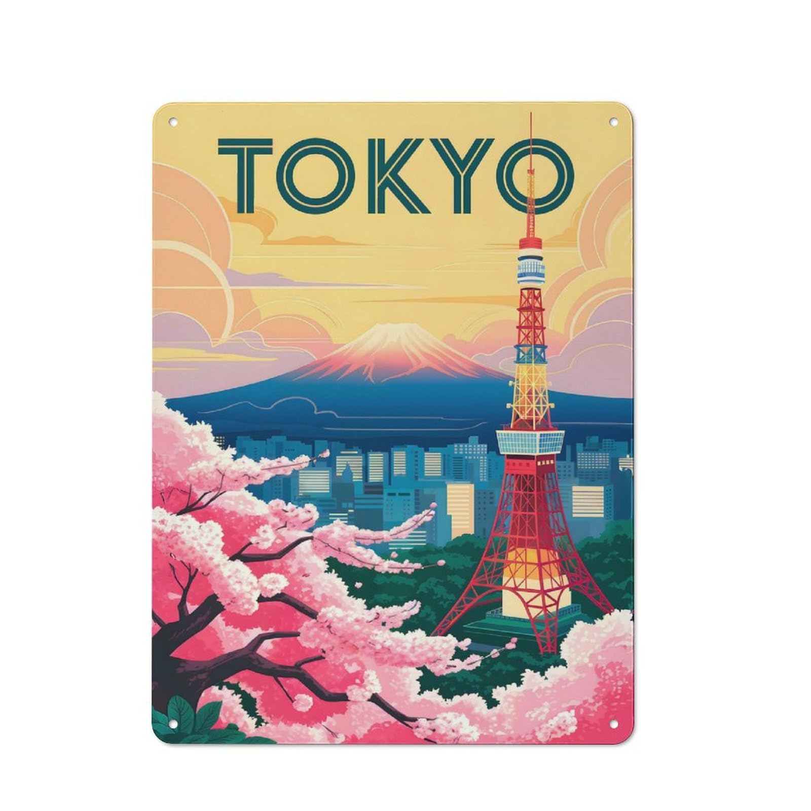 Junmoney Tokyo Tower And Mount Fuji Art Bistro Metal Sign 40X30cm, Vintage Cafe Wall Decor For Takeaway, Bar, Kitchen Or Counter Area