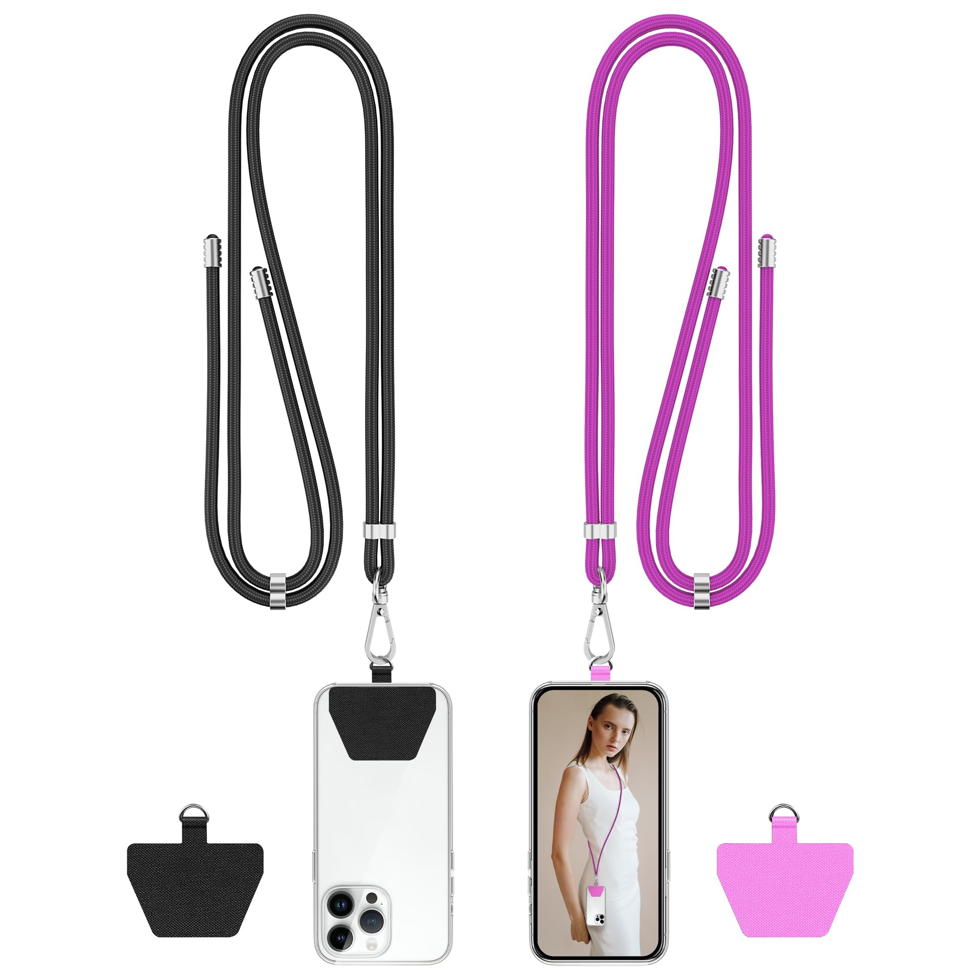 COCASESMobile Phone Chain Universal for Hanging, Pack of 2 Nylon Mobile Phone Strap Compatible with Any Smartphones, Mobile Phone Chain Neck Strap with Cord for Most Cases (Black/Purple)