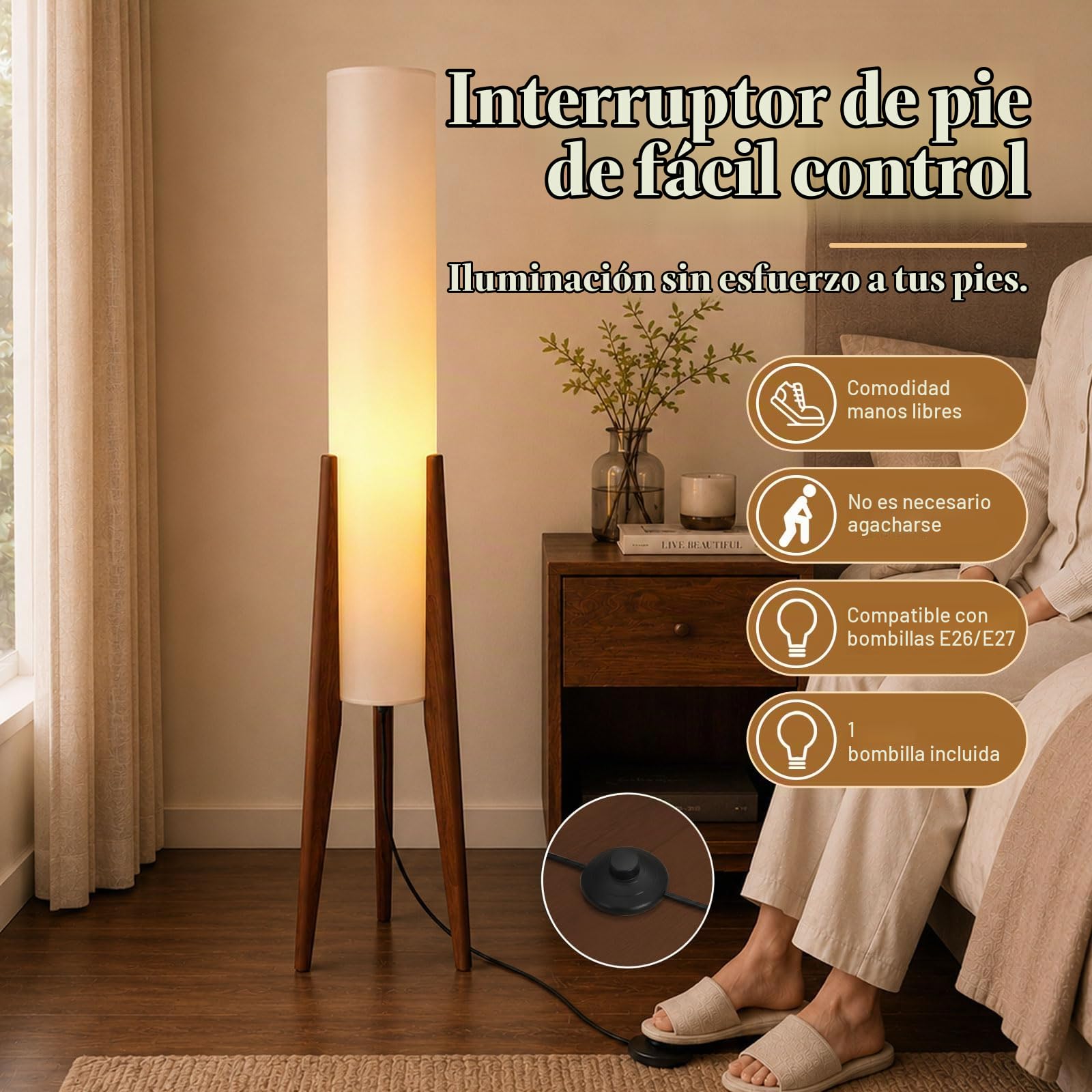 Lámpara De Pie Wabi-Sabi, Trípode De Madera, Farol De Papel | 128 CM, Pantalla Alta De Lino, Bombilla E27 Incluida, 3 Temperaturas, Pedal, Acabado Nogal, Salón, Dormitorio, Despacho