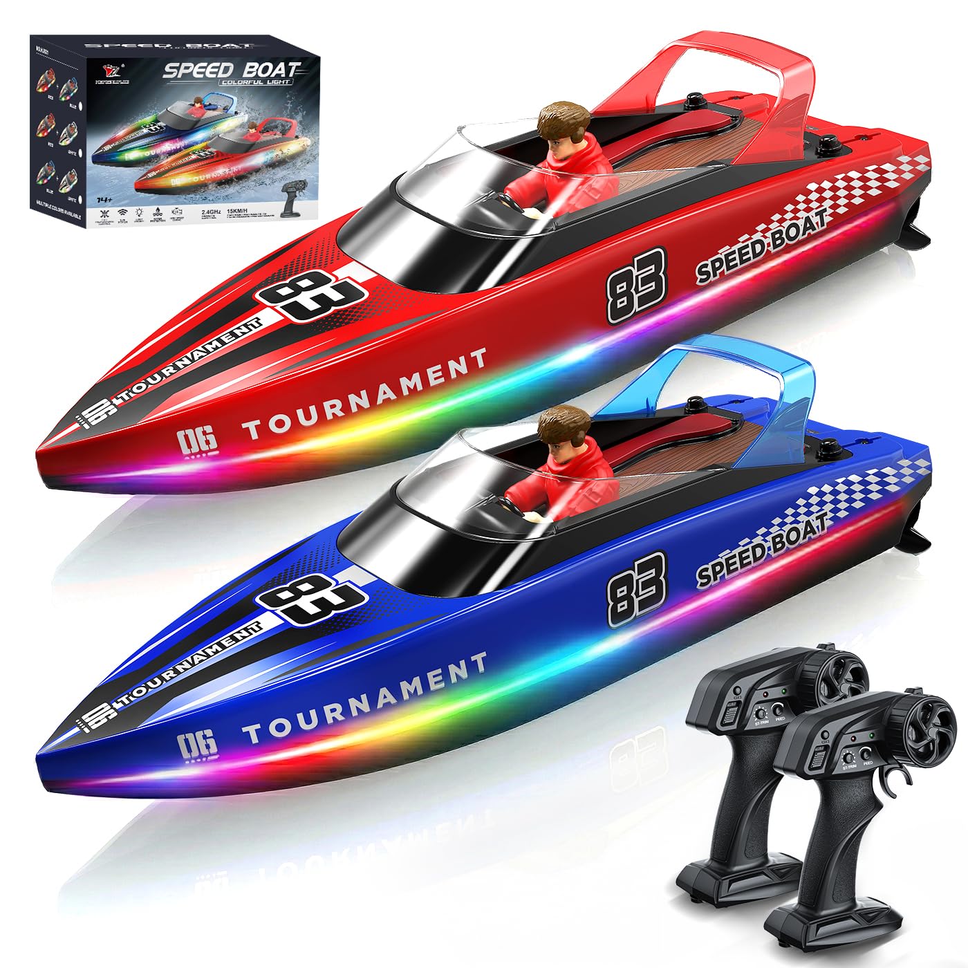 YESHIN Ferngesteuertes Boot 2er Pack, 15km/h RC Boot mit LED Licht, 4 Batterien, 2,4 GHz Fernsteuerung, Wasserdicht & Kentersicher, Geeignet für Pool & Seen, Geschenk für Kinder 8+ & Erwachsene