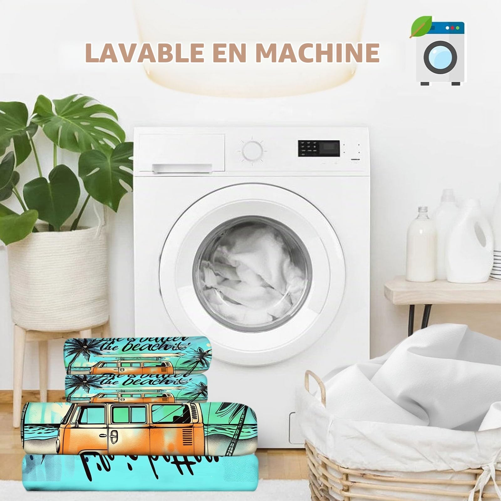 Housse de Couette 200 x 200 cm - Parure de Lit 2 Personnes Van de Plage Cocotiers, Ultra Douce et Respirante, Linge de Lit Coloré avec Fermeture Éclair, Inclut 2 Taies d'oreiller 65 x 65 cm