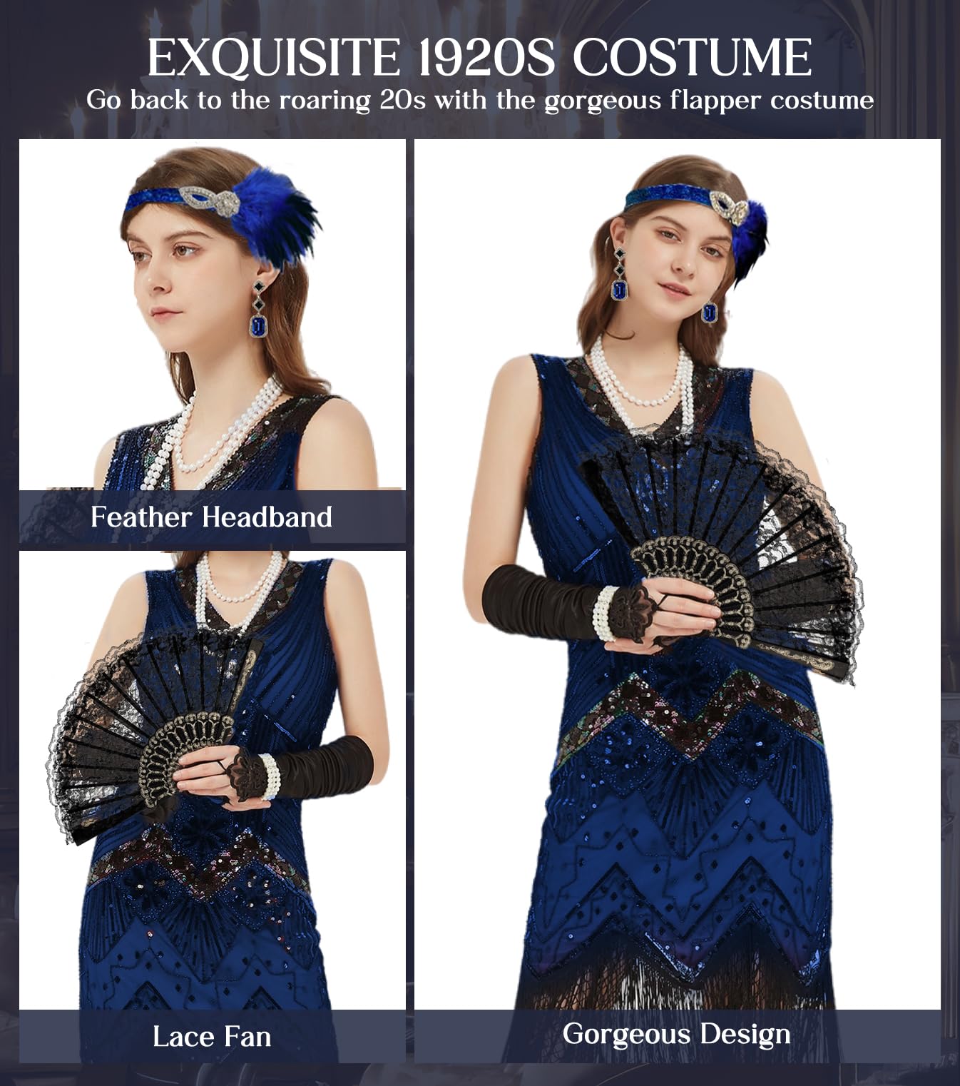 WILDPARTY 1920s Dresses for Women Flapper Dress Lace Fan Fether Headband Sequins Beads Fringes 20s Accessories Vintage Mafia Costume BlackBlue M - Image 3