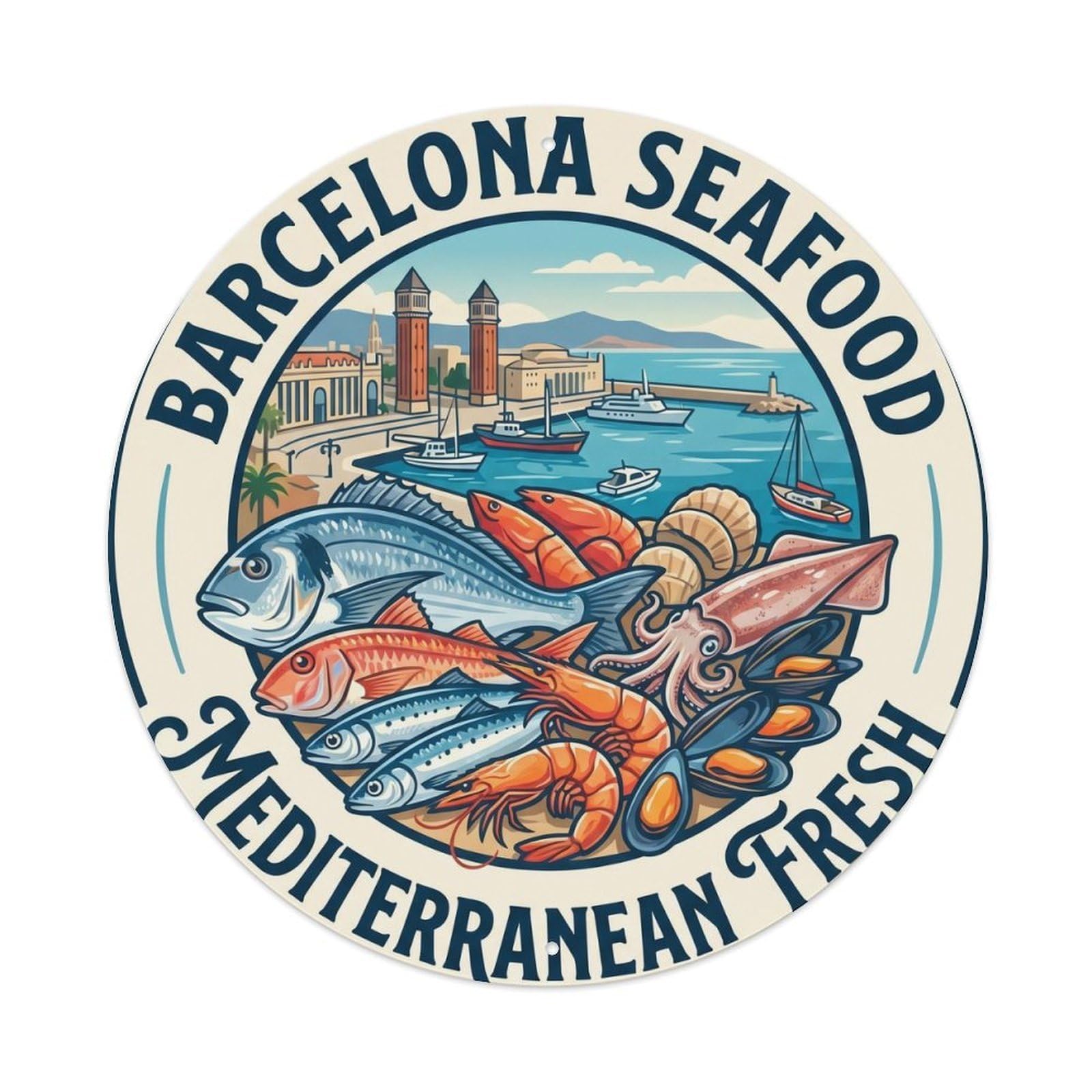 Vintage Travel Barcelona Seafood Mediterranean Cuisine Metal Tin Sign Plaque Wall Decor for Cafe, Club, Garden Round Metal Poster 8x8Inch