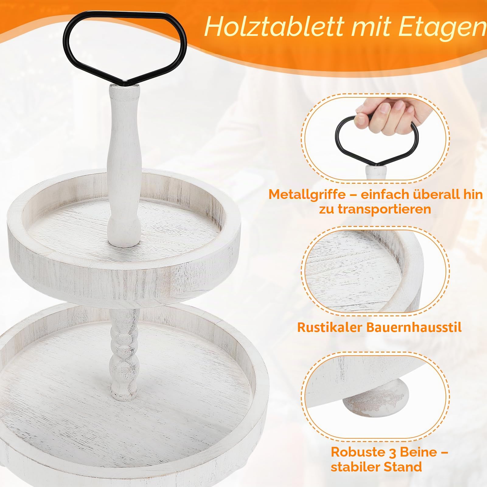 Rustikales zweietagiges Holztablett, rundes Bauernhaus-Küchentisch-Deko-Serviertablett, Lebensmittel-, Obst- und Cupcake-Display, Kaffeebar, Hausparty, saisonale Dekorationen
