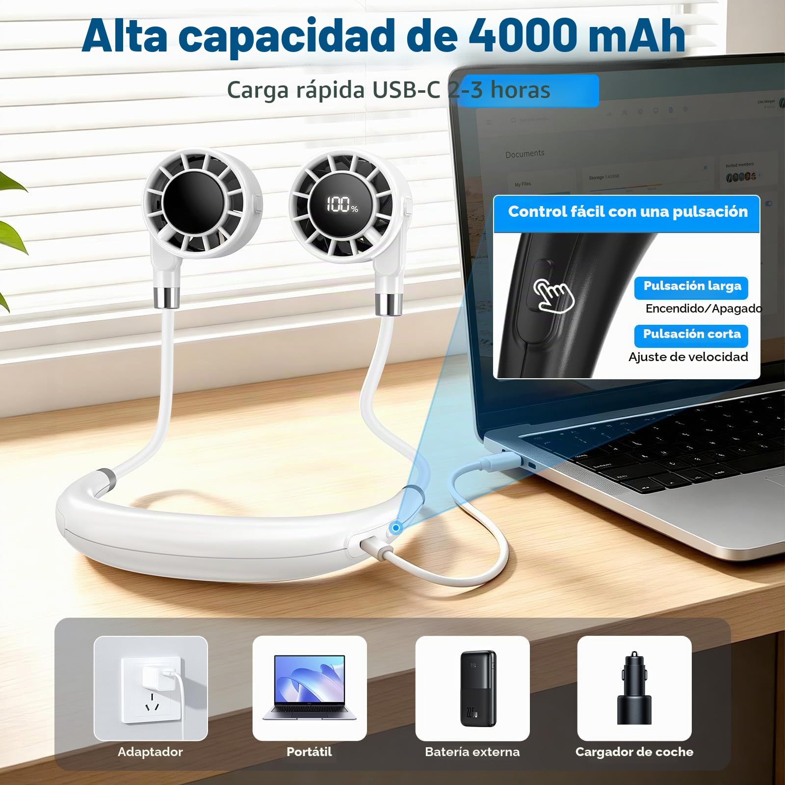 Ventilador de Cuello Silencioso, Ventilador Cuello Portátil 6 Velocidades, 10000 RPM, Batería 4000mAh (5-16H), Ventilador de Cuello con Batería de Larga Duración, Neck Fan para Hombre Mujer Amazon