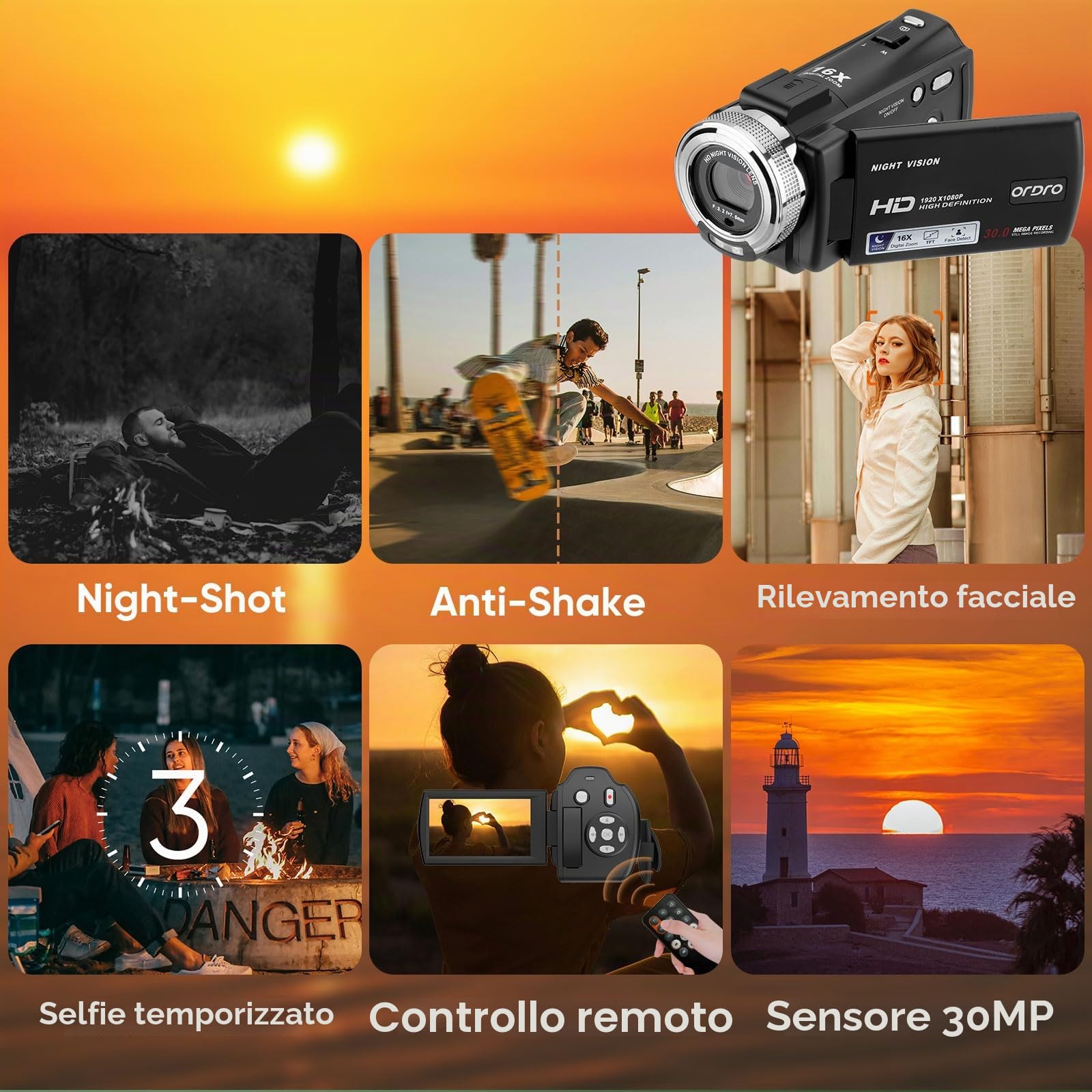 ORDRO Videocamera Full HD 1080P per Visione Notturna YouTube - LCD 3.0 Pollici, Rotazione 270 Gradi, 16X Zoom Digitale - Con 2 Batterie e Scheda SD da 16 GB