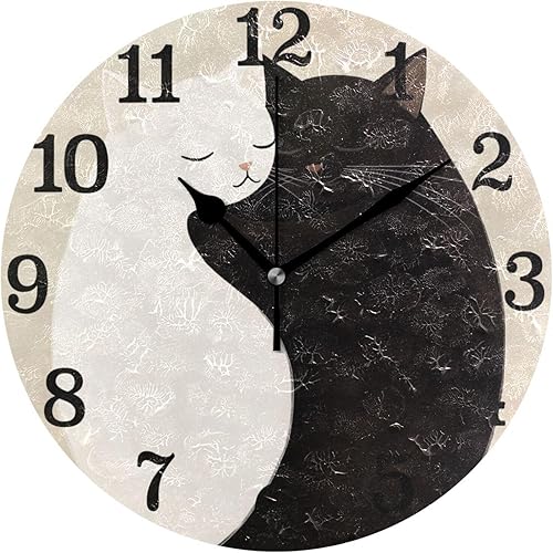 Miniatura 1 de KLL Taichi White Black Cats 10 Inch Round Wall Clock Retro Silent Easy to Read for Bedroom Hotel Living Room reloj de pared para cocina