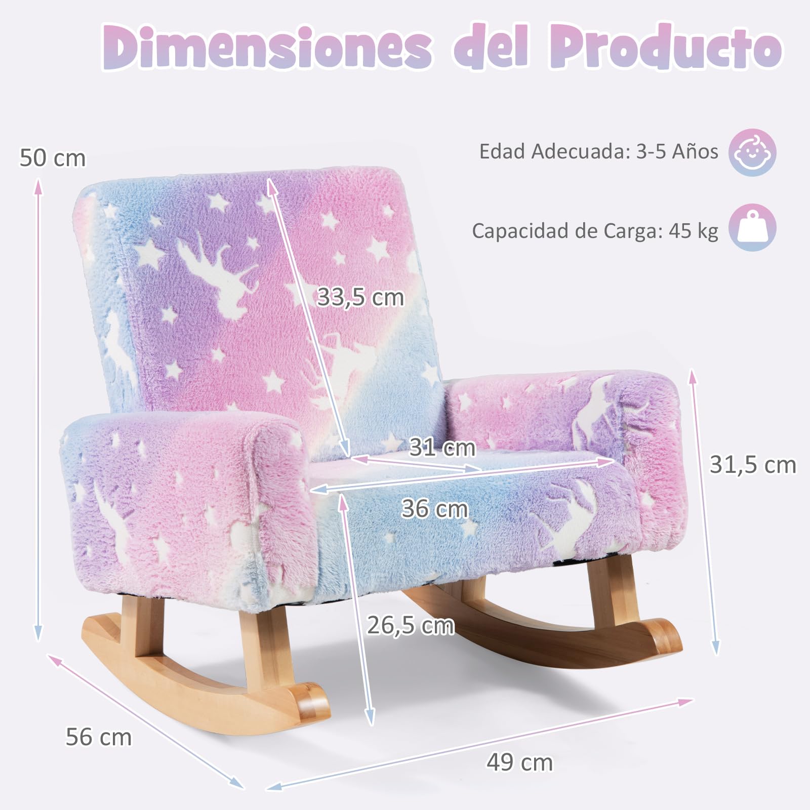 COSTWAY Silla Mecedora para Niños, Sillón Infantil Tapizado en Franela con Patas de Madera de Álamo,Brilla en la Oscuridad, Respaldo y Reposabrazos Cómodos, Sillón Balancín para Niños para Dormitorio