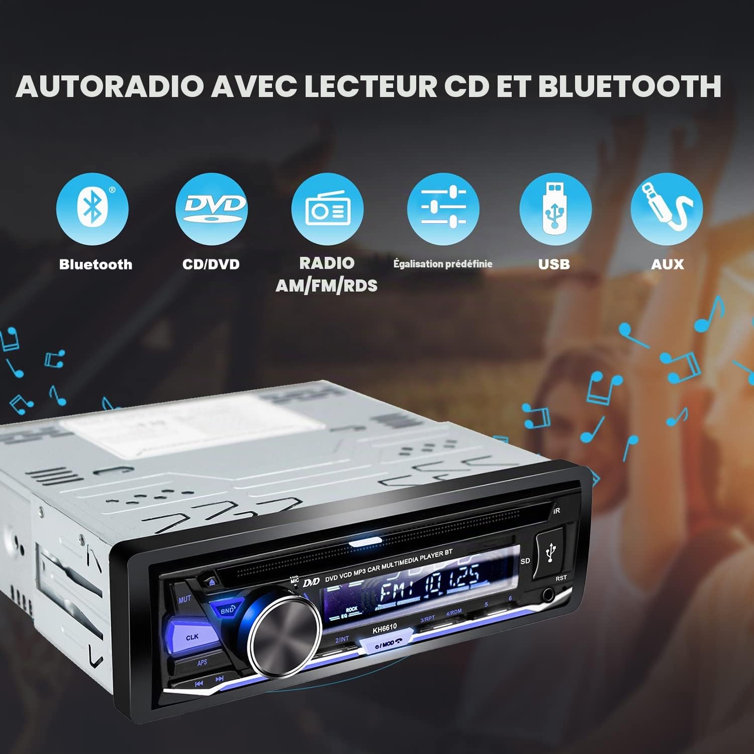 Autoradio Bluetooth USB CD/DVD Lecteur,1 Din Radio RDS FM AM MP3 SD AUX Mains-Libres