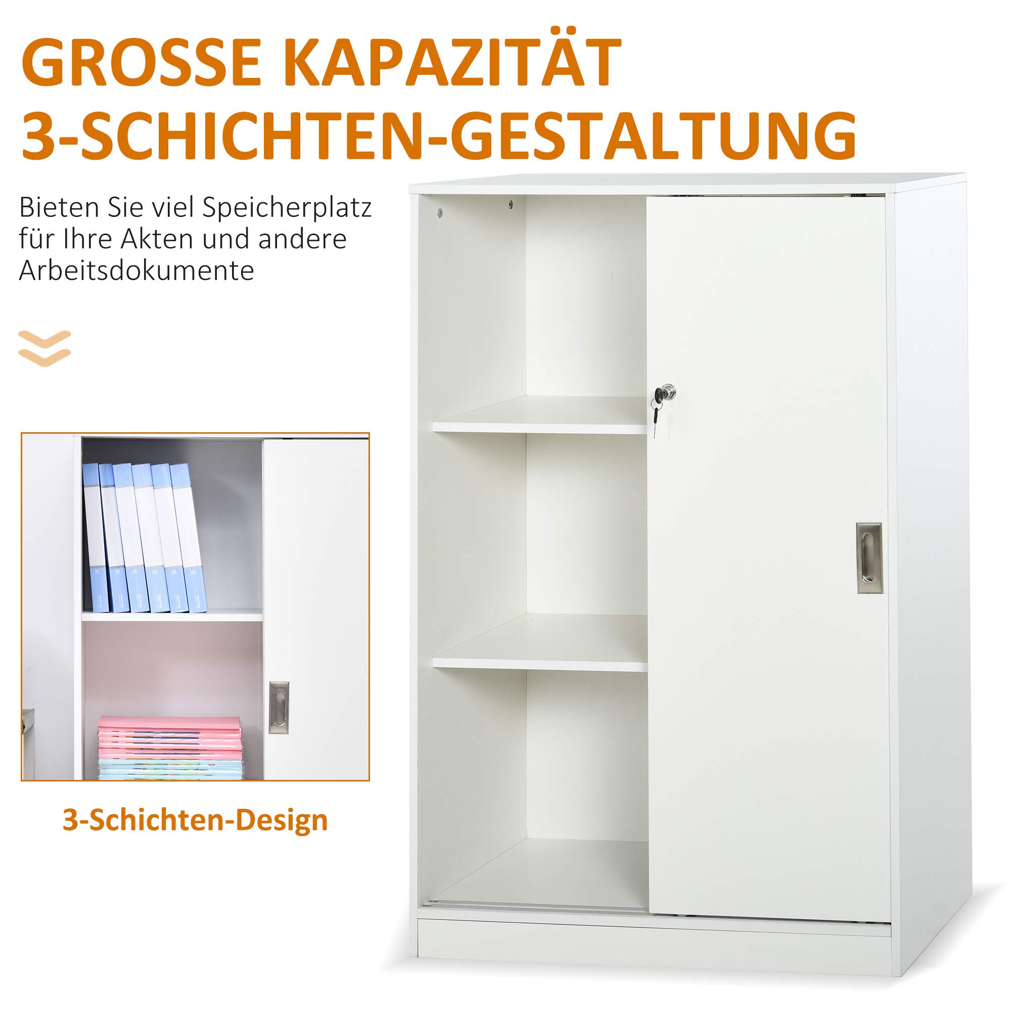 HOMCOM Aktenschrank, Büroschrank mit Türen, großer Bürocontainer mit 3 Regal und 2 Fächern, Aufbewahrungsschrank, E1 Spanplatte, Weiß, 80 x 40 x 120 cm