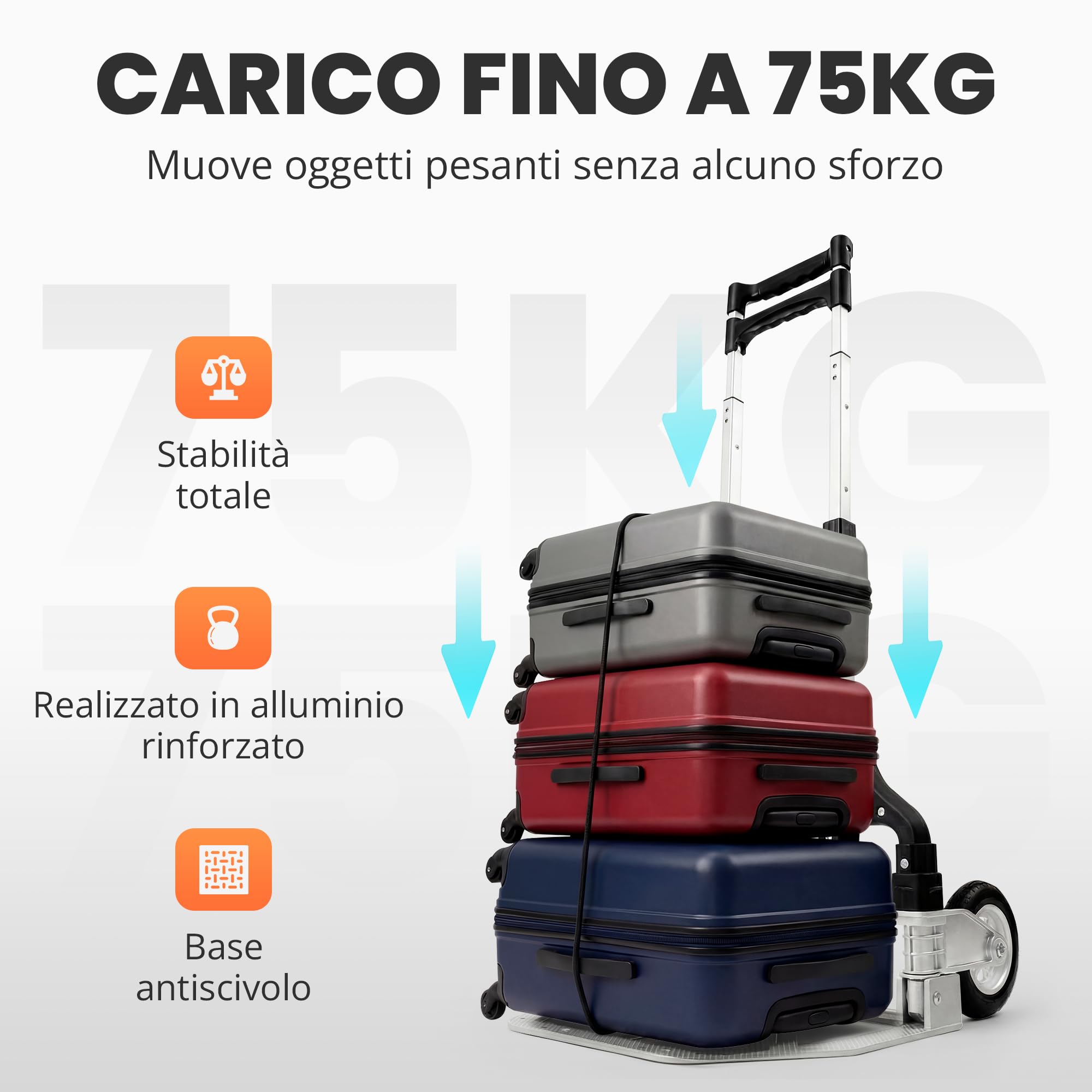 JUPPLIES Carrellino con Ruote Portatutto Pieghevole in Alluminio + Corda – Carrello Porta Pacchi Leggero e Robusto 75 kg, Maniglia Telescopica 100 cm, Ruote Silenziose per Casa, Viaggi o Trasporto