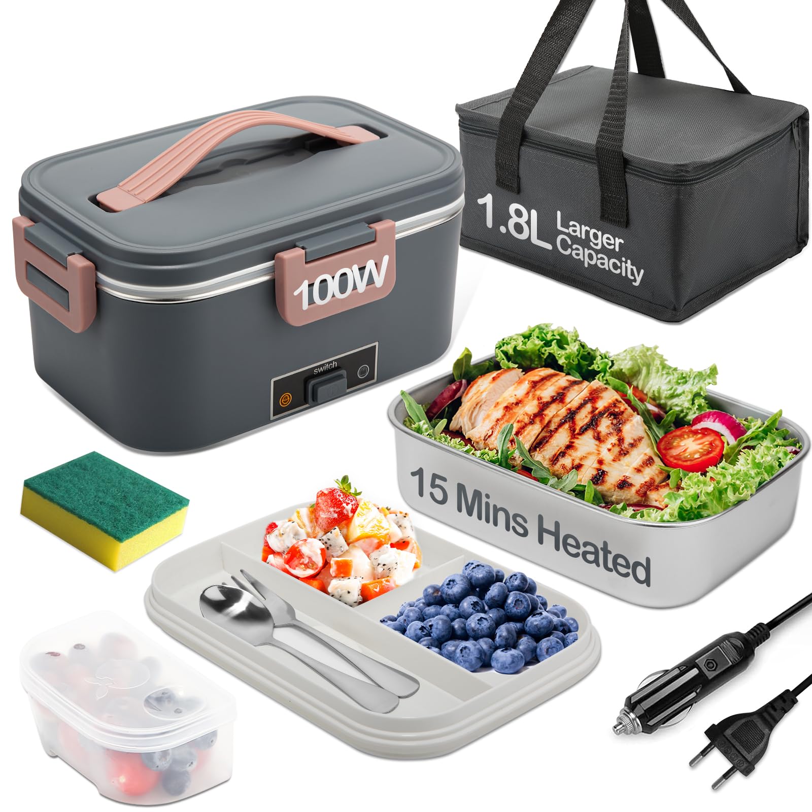 Elektrische Lunchbox 100W, 3-In-1 tragbare beheizte Lunchbox, 1,8L Edelstahl Entnehmbare brotdose, 12V/24V/220V Insulated Wärmebox Auto/Lkw/Bür (Grau, 1.8 L)